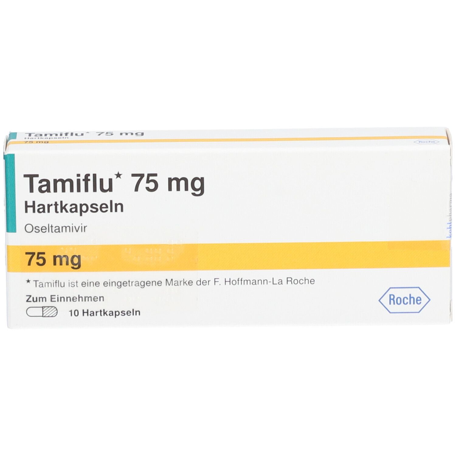 Tamiflu 75 mg Hartkapseln-Packung. Weiße Schachtel mit grünen und gelben Akzenten. Text: Tamiflu, 75 mg, 10 Hartkapseln.