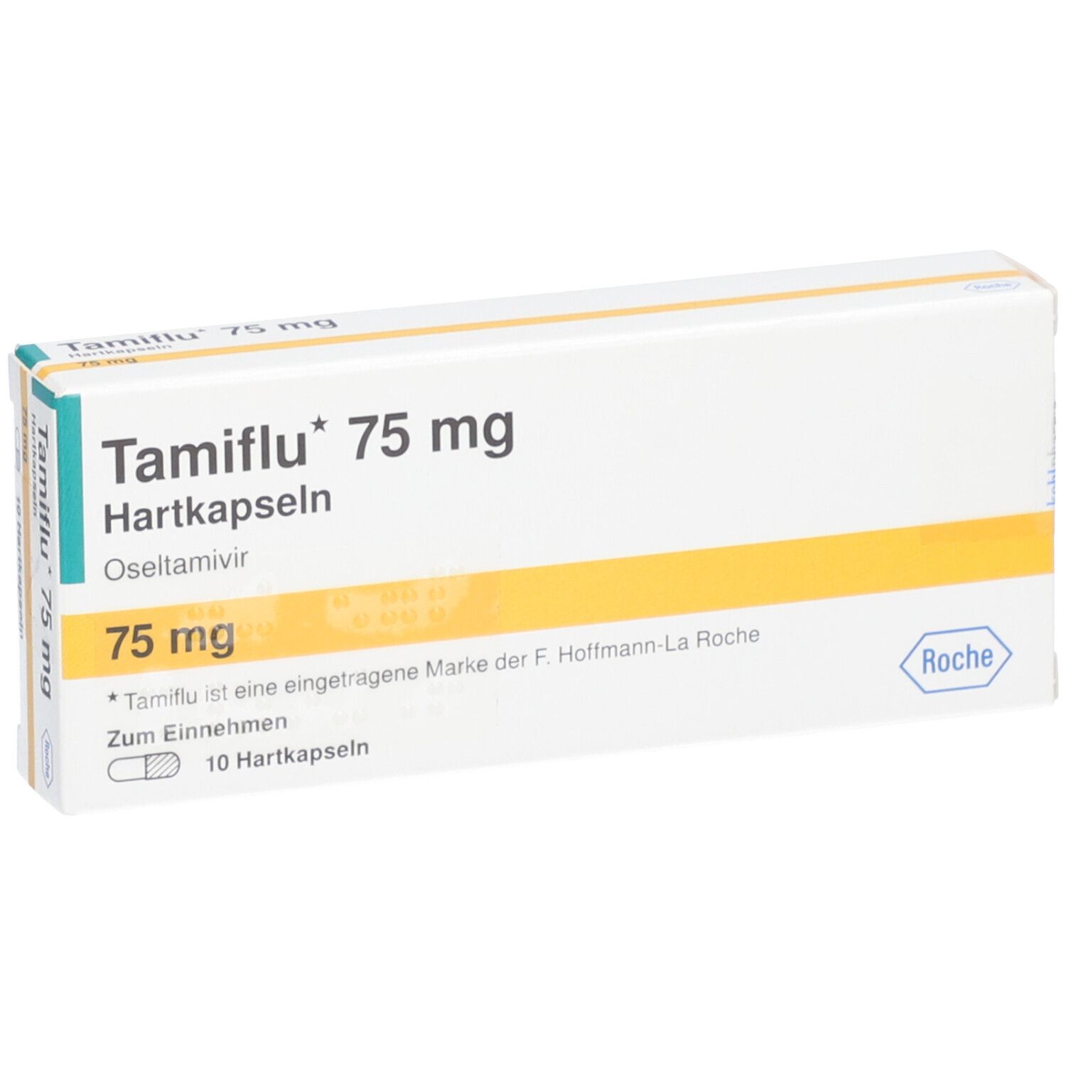 Tamiflu 75 mg Hartkapseln-Packung. Weiße Schachtel mit grünen und gelben Akzenten. Text: Tamiflu, 75 mg, 10 Hartkapseln.