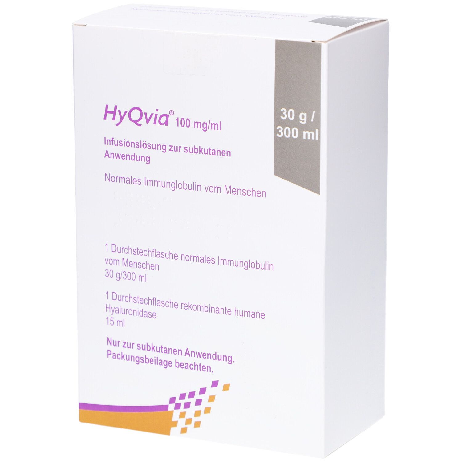 Weiße Verpackung mit Produktinformationen. Aufschrift: HyQvia 100 mg/ml. Infusionslösung zur subkutanen Anwendung. 30 g/300 ml.