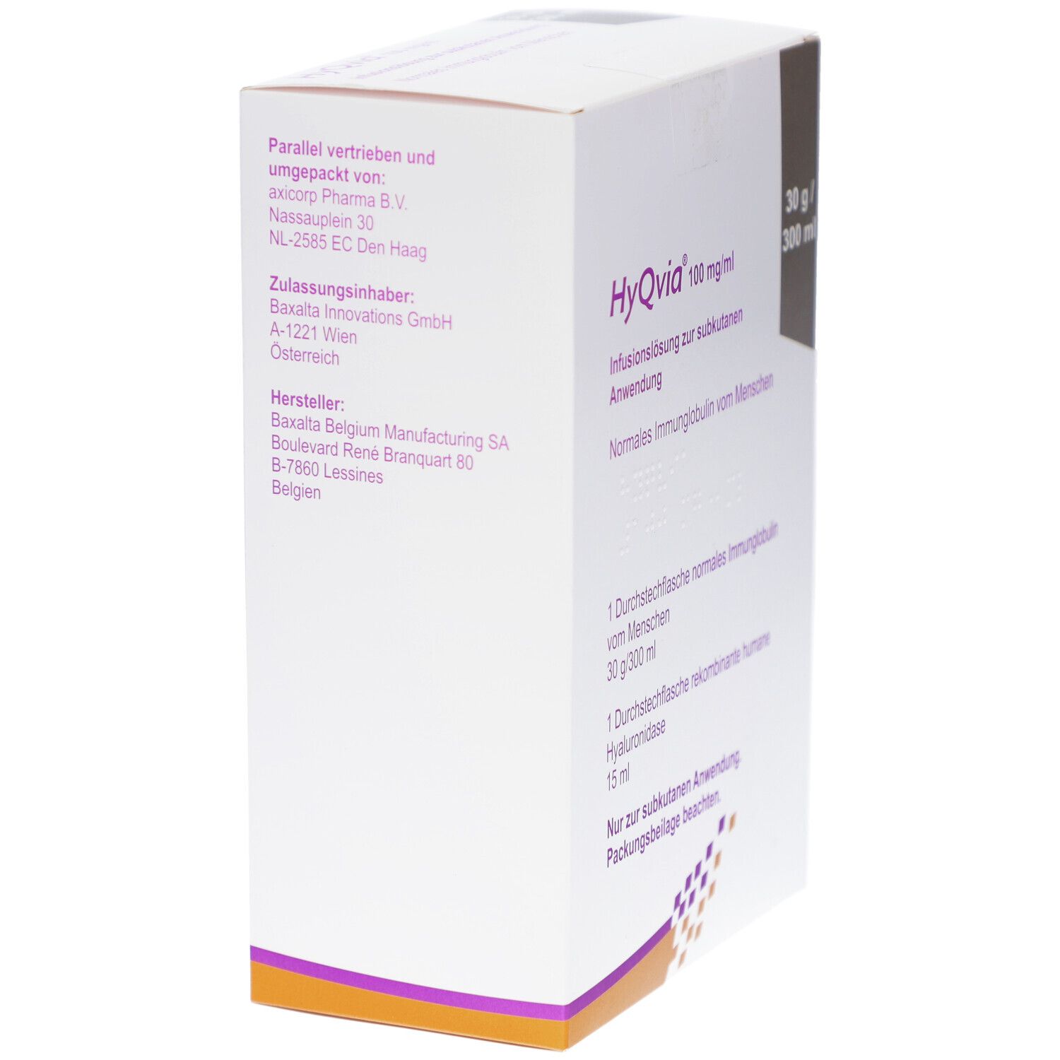 Weiße Verpackung, Seitenansicht. Text: HyQvia 100 mg/ml. Infusionslösung zur subkutanen Anwendung. Hersteller- und Zulassungsangaben.