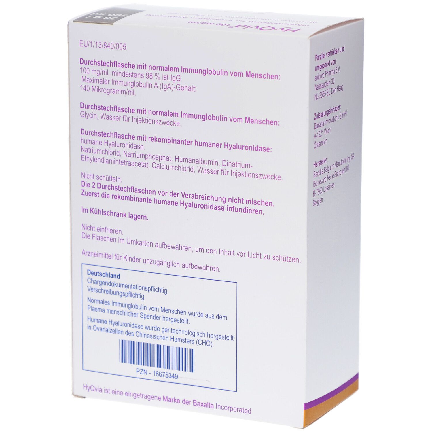 Weiße Verpackung, Rückseite. Text: Normale Immunglobulin vom Menschen. Chargenbezeichnung. PZN-16675349. EU-Nummer.