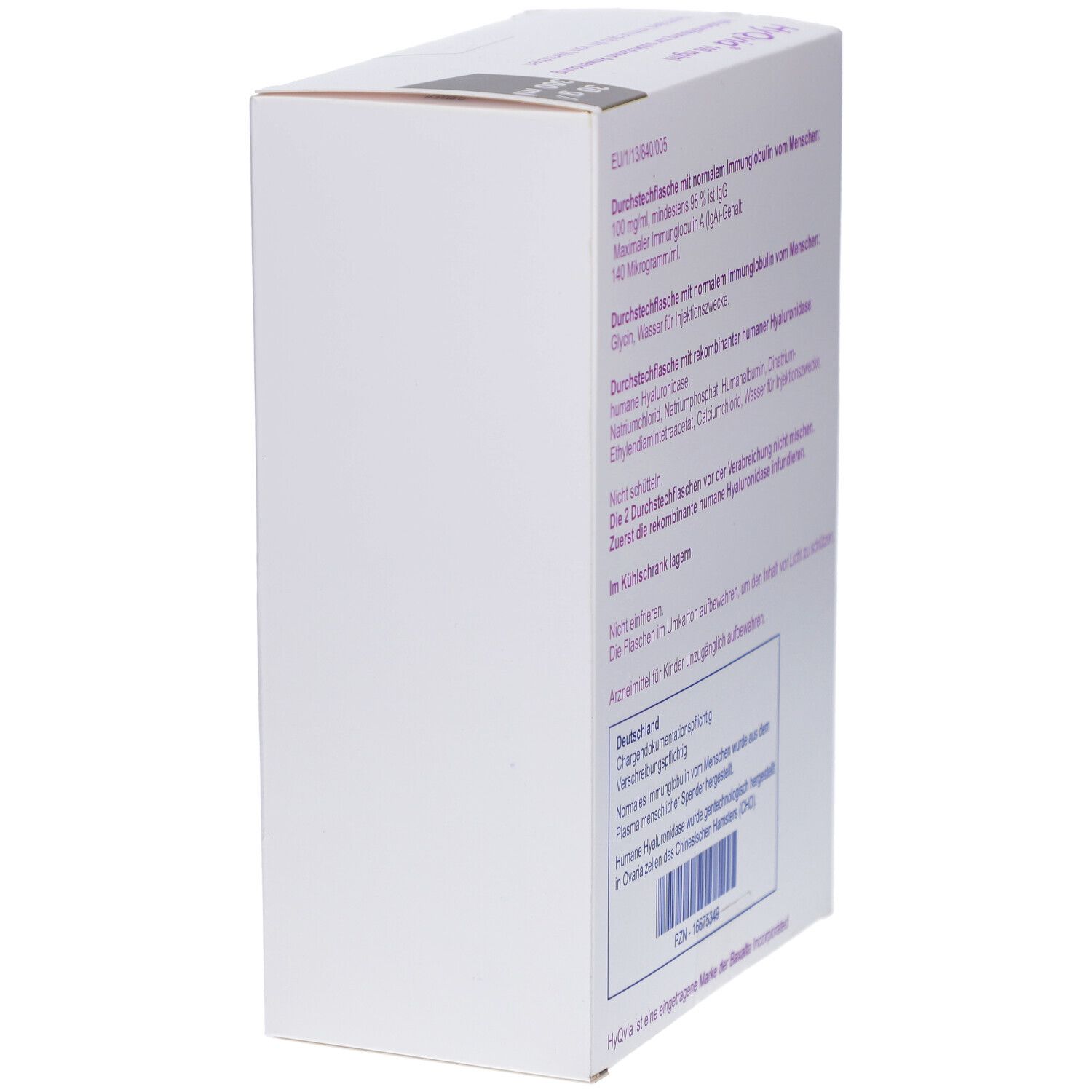 Weiße Verpackung, Rückseite. Text: Normale Immunglobulin vom Menschen. Chargenbezeichnung. PZN-16675349. EU-Nummer.