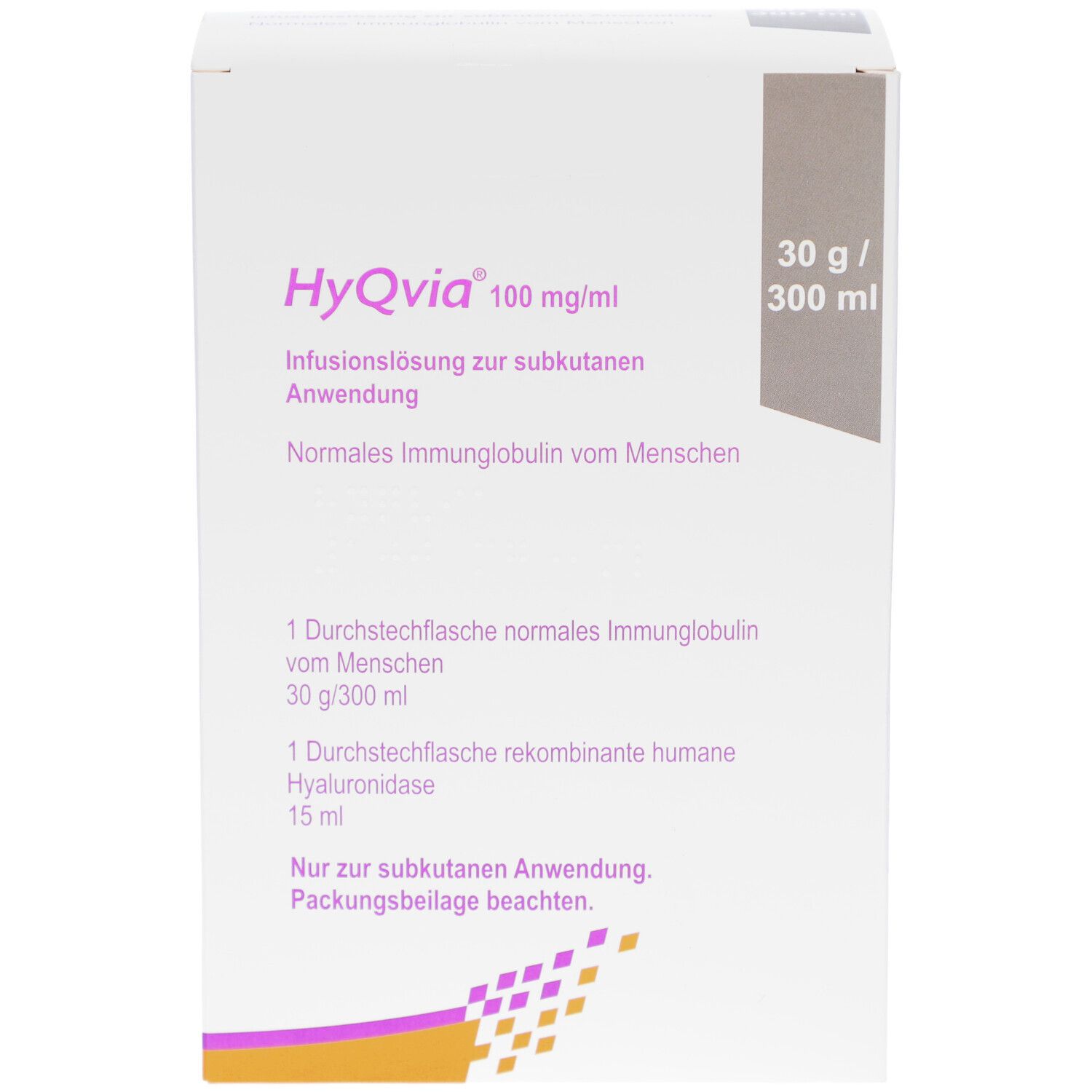 Weiße Verpackung mit Produktinformationen. Aufschrift: HyQvia 100 mg/ml. Infusionslösung zur subkutanen Anwendung. 30 g/300 ml.