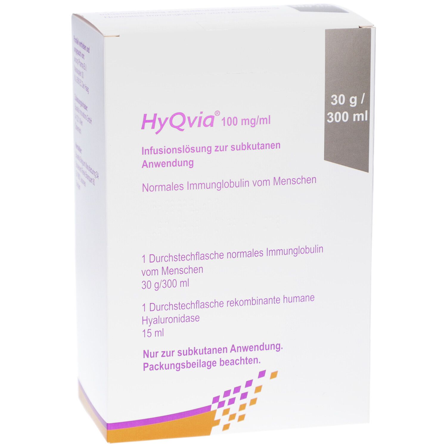 Weiße Verpackung mit Produktinformationen. Aufschrift: HyQvia 100 mg/ml. Infusionslösung zur subkutanen Anwendung. 30 g/300 ml.