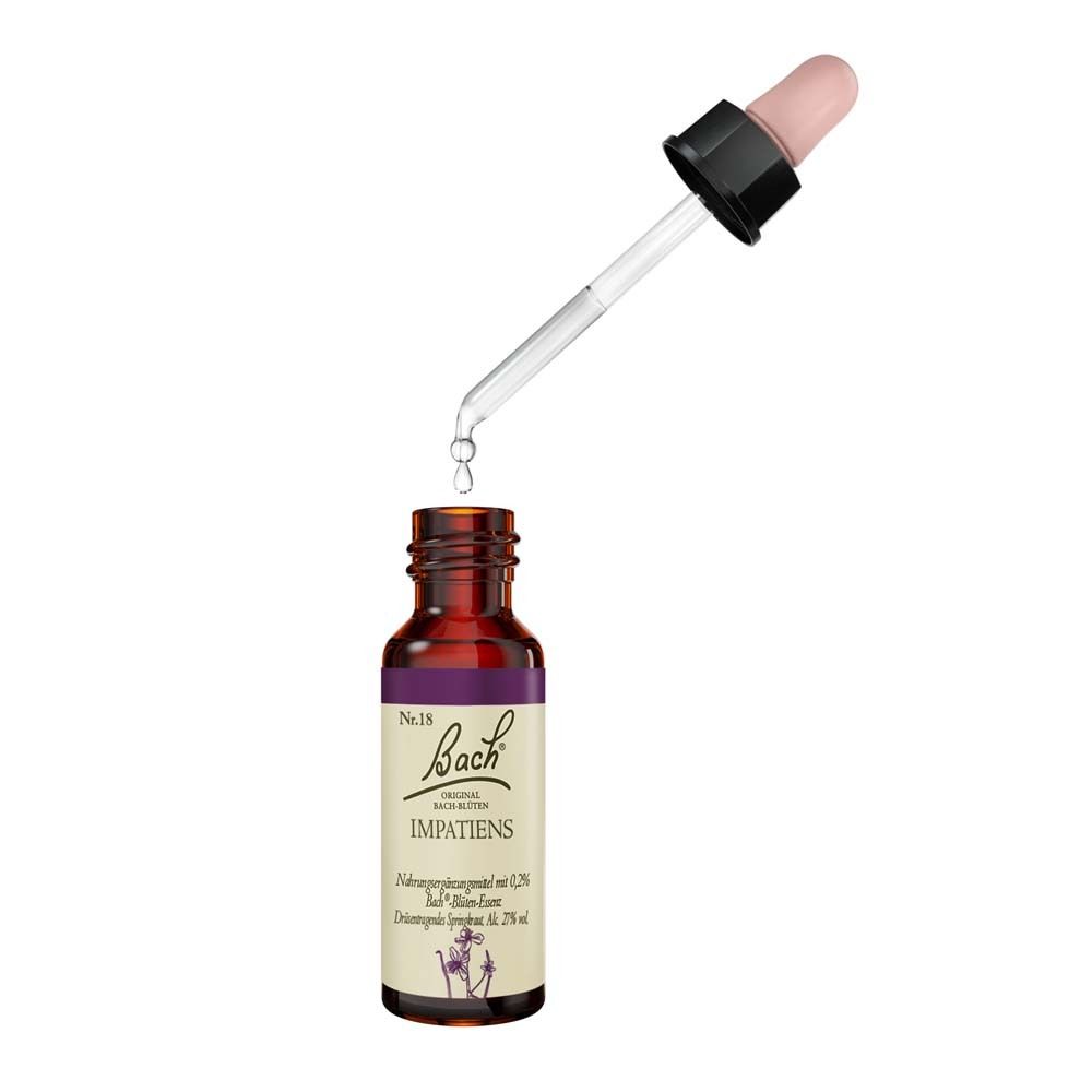 Braune Glasflasche mit Tropfer. Tropfen fallen aus dem Tropfer. Aufschrift: Bach Original Impatiens Nr. 18.