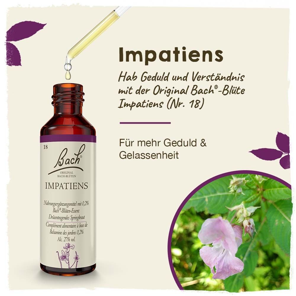 Braune Glasflasche mit Tropfer. Text: Impatiens. Original Bach-Blüte. Für mehr Geduld & Gelassenheit. Mit Blume.