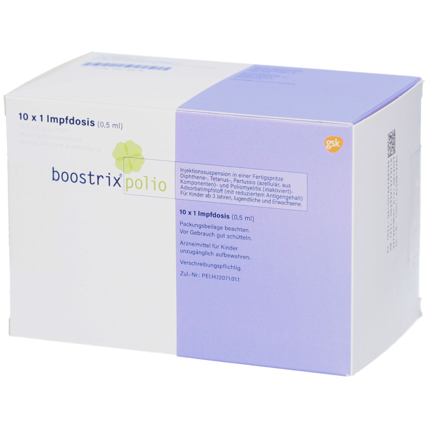 Karton BOOSTRIX polio. 10 Impfdosen. Weiß-lila Verpackung. Text: Impfdosis, gsk Logo, Produktname.
