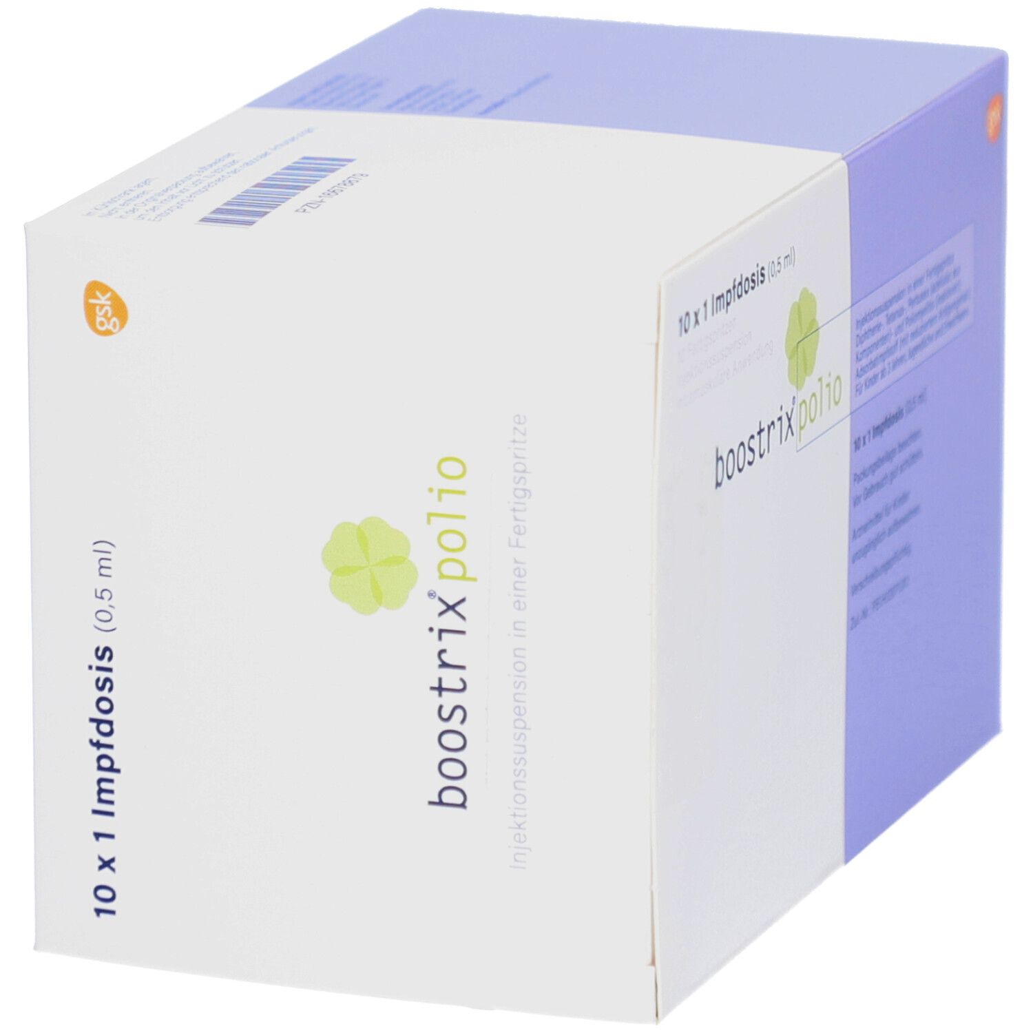 Karton BOOSTRIX polio. 10 Impfdosen. Weiß-lila Verpackung. gsk Logo. Produktname.