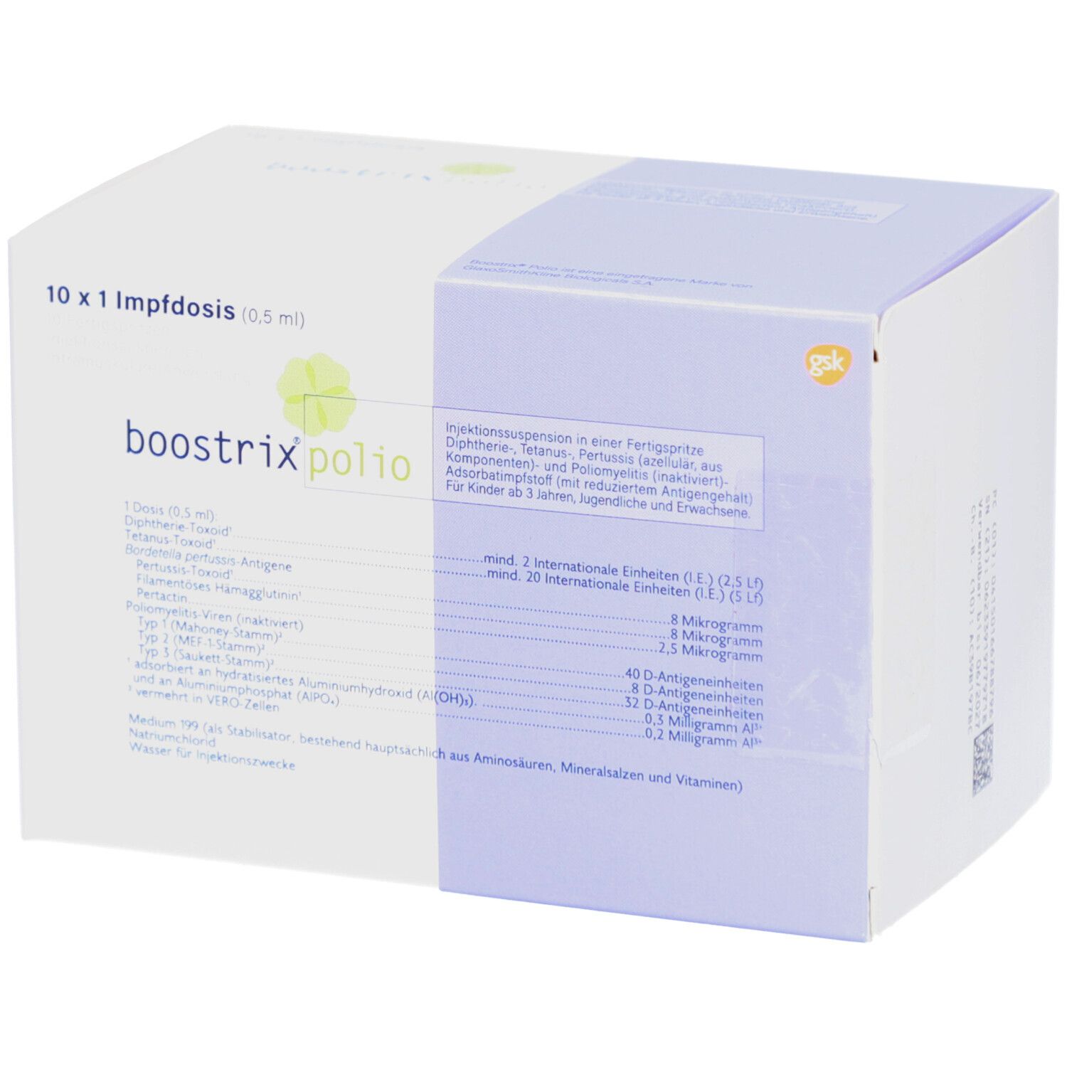 Karton BOOSTRIX polio. 10 Impfdosen. Weiß-lila Verpackung. Text und gsk Logo. Inhaltsstoffe.