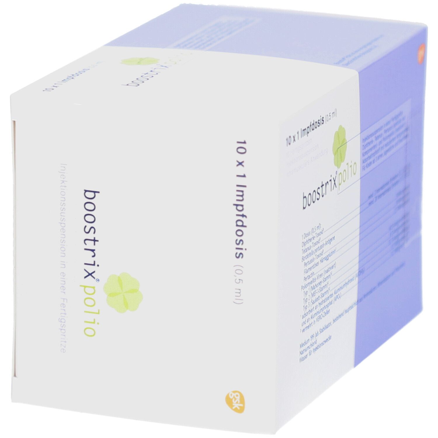 Karton BOOSTRIX polio. 10 Impfdosen. Weiß-lila Verpackung. gsk Logo. Produktname.