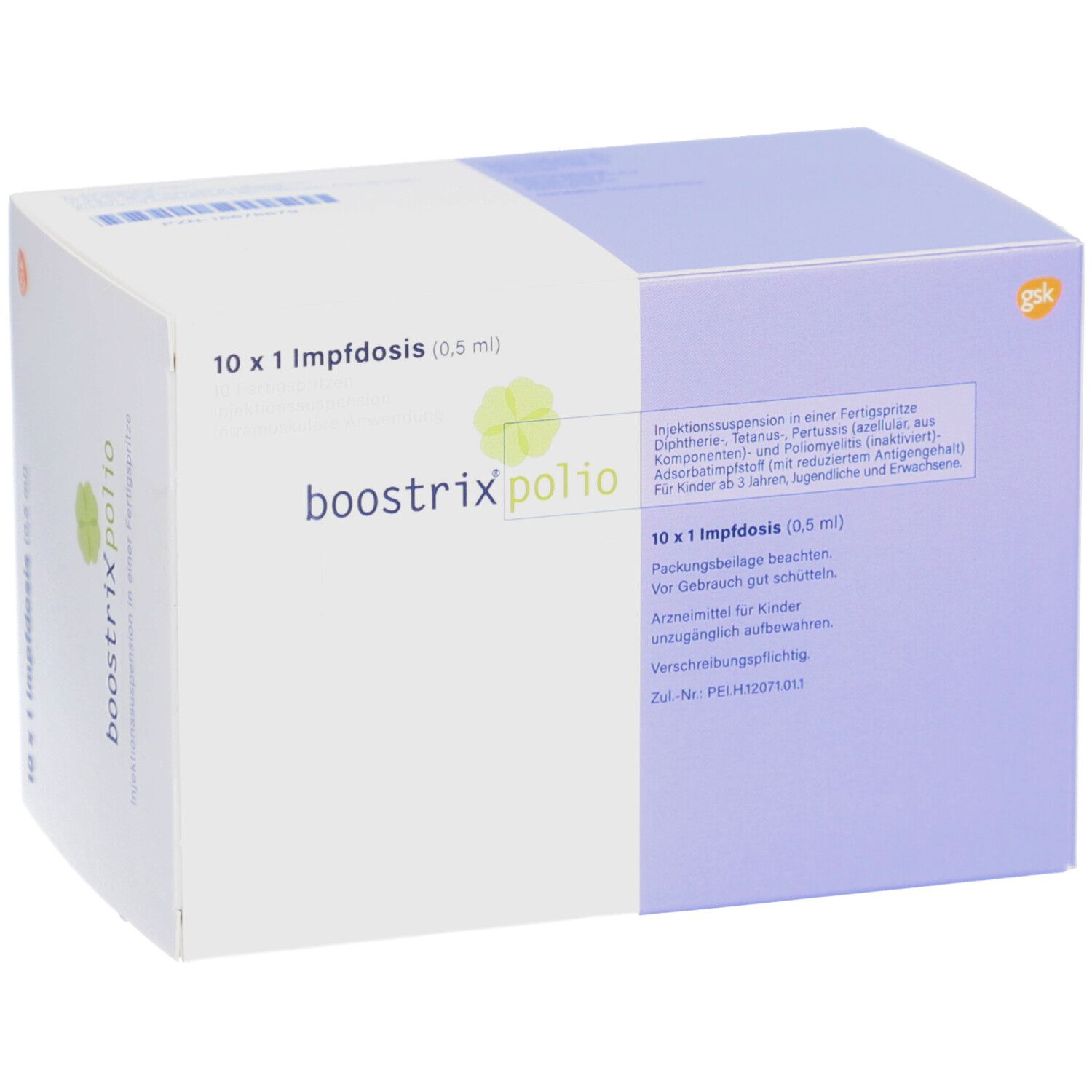 Karton BOOSTRIX polio. 10 Impfdosen. Weiß-lila Verpackung. gsk Logo. Produktname.