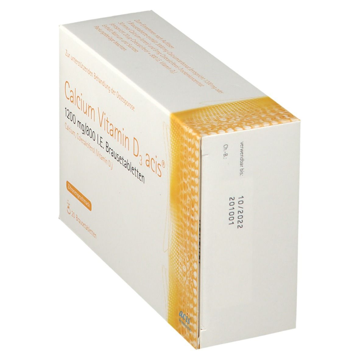 Schräg gestellte weiße Schachtel mit "Calcium Vitamin D3 acis"-Aufdruck. Sichtbar: Haltbarkeitsdatum.