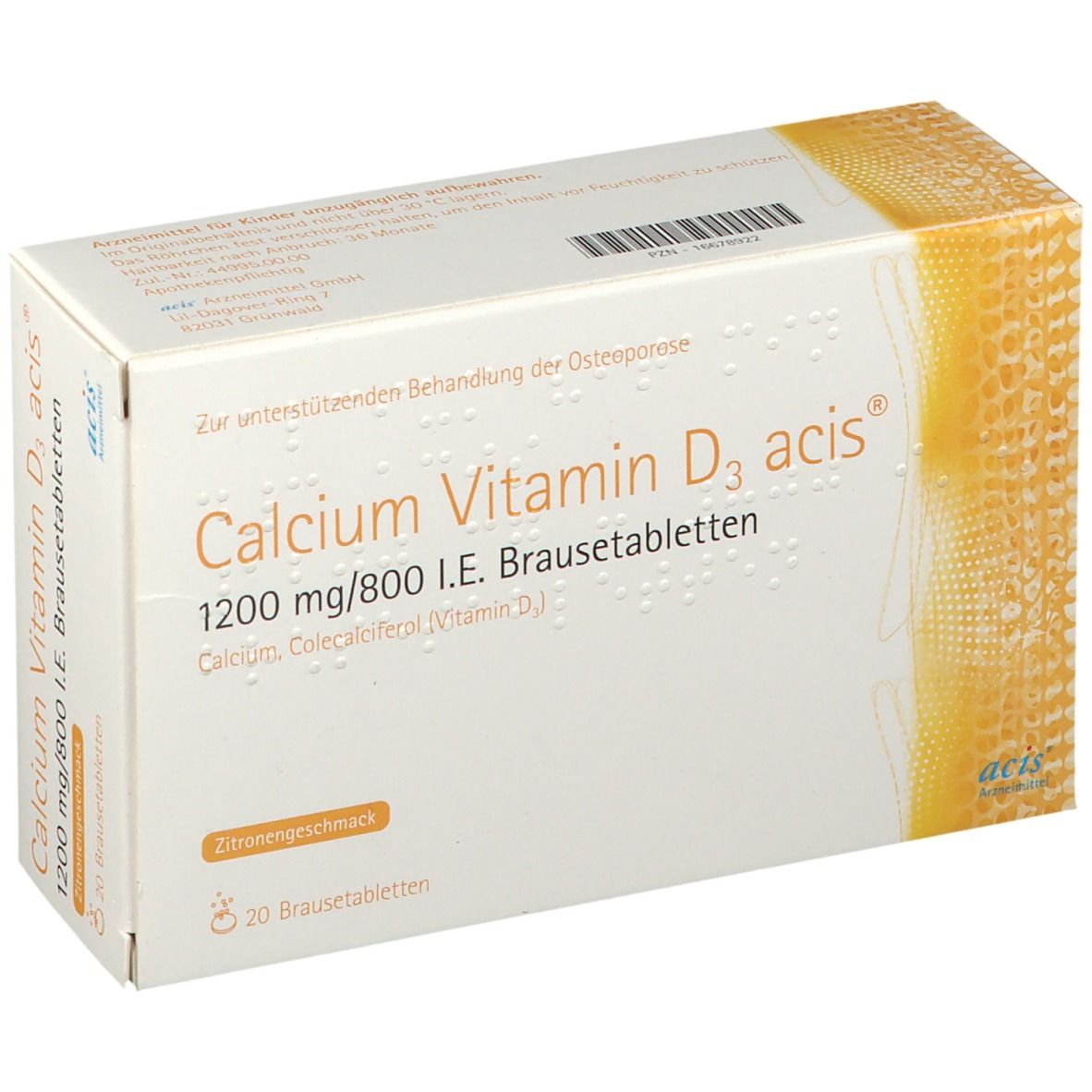 Weißer Karton mit "Calcium Vitamin D3 acis"-Aufdruck. Enthält 20 Brausetabletten. Zitronengeschmack.