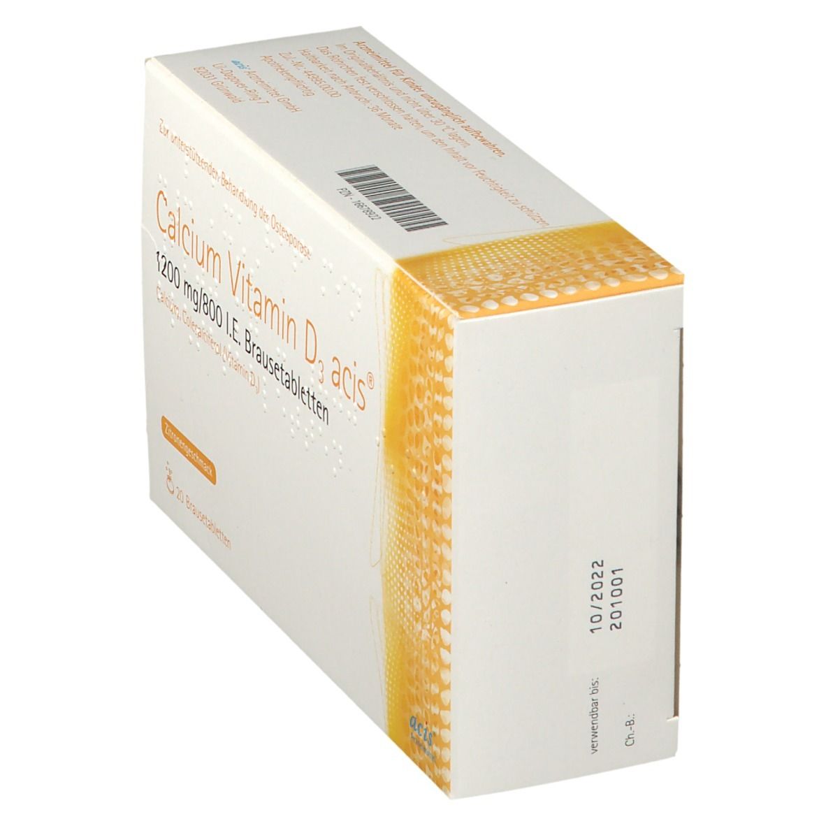Schräg gestellte weiße Schachtel mit "Calcium Vitamin D3 acis"-Aufdruck. Sichtbar: Haltbarkeitsdatum.