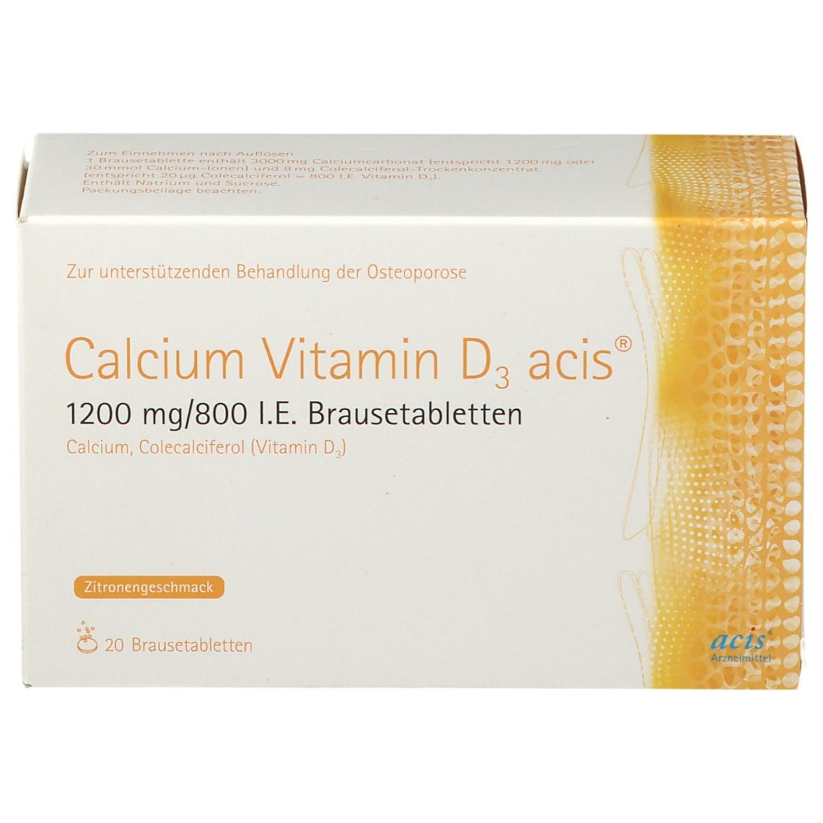 Weißer Karton mit "Calcium Vitamin D3 acis"-Aufdruck. Enthält 20 Brausetabletten. Zitronengeschmack.