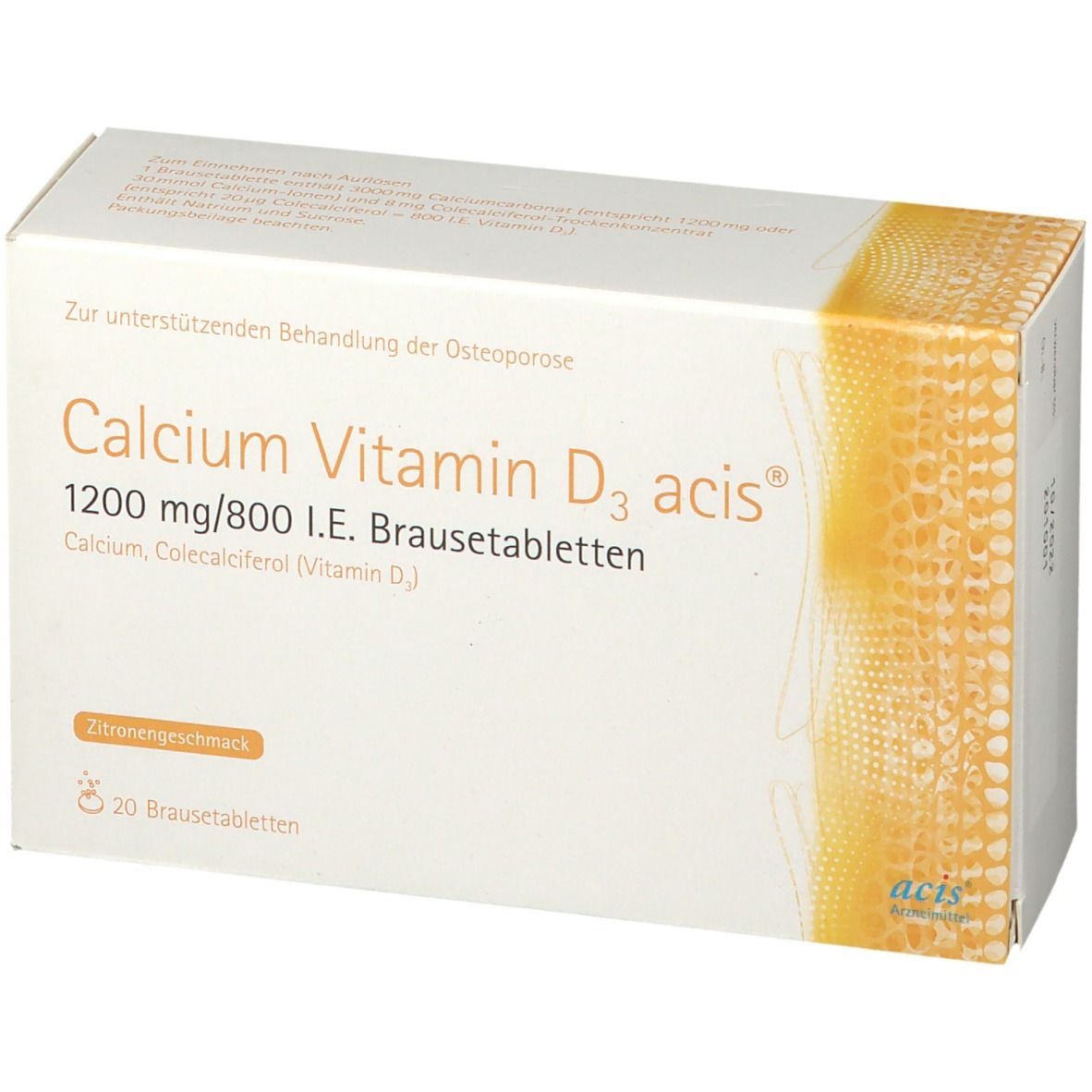 Weißer Karton mit "Calcium Vitamin D3 acis"-Aufdruck. Enthält 20 Brausetabletten. Zitronengeschmack.