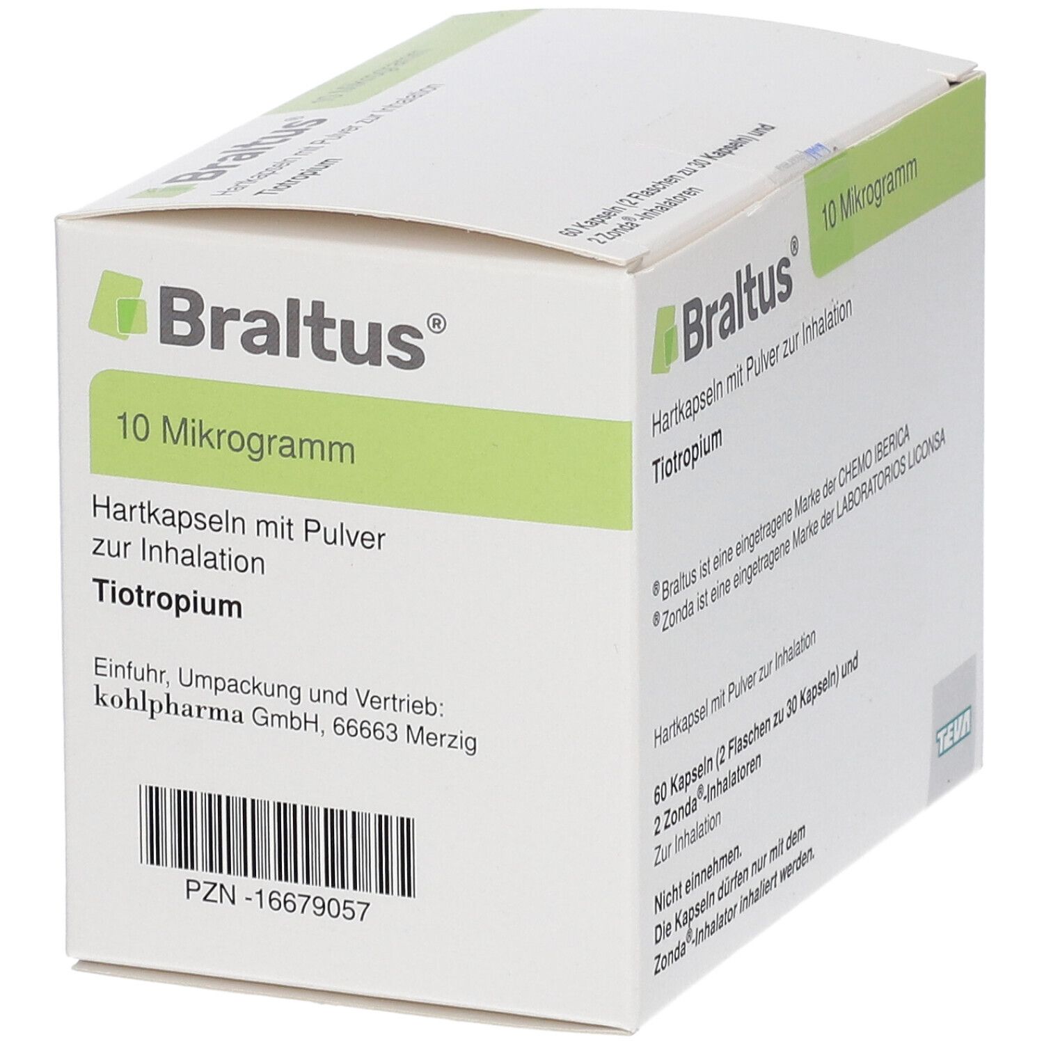 Braltus 10 Mikrogramm Hartkapseln mit Pulver zur Inhalation, Tiotropium. Rückseite mit Barcode und PZN.
