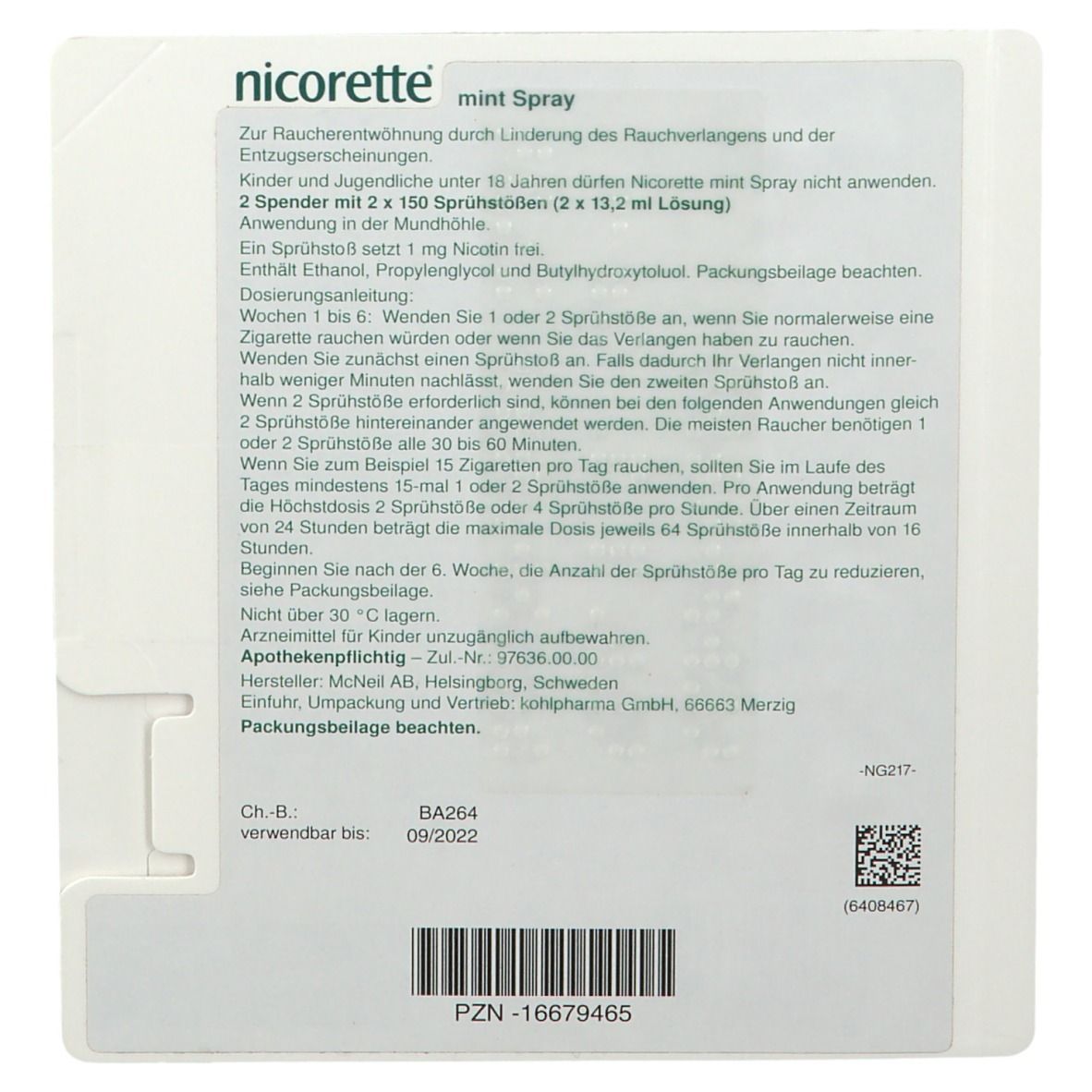 Verpackung von nicorette® Mint Spray. Weißes Rechteck mit Text und Logo. Enthält Informationen zur Anwendung und Inhaltsstoffe.