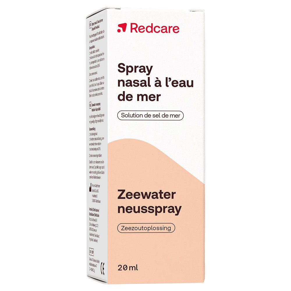Flacon et boîte de spray nasal. Inscription : Redcare Meerwasser Nasenspray.