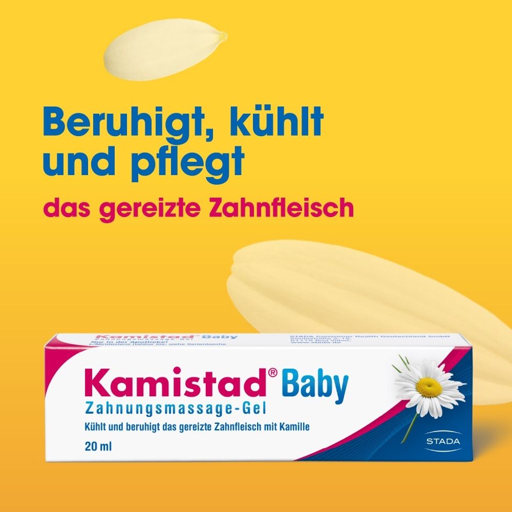 Kamistad Baby Zahnmassage-Gel Tube, Baby lächelt, Text 'Beruhigt, kühlt und pflegt das gereizte Zahnfleisch'.