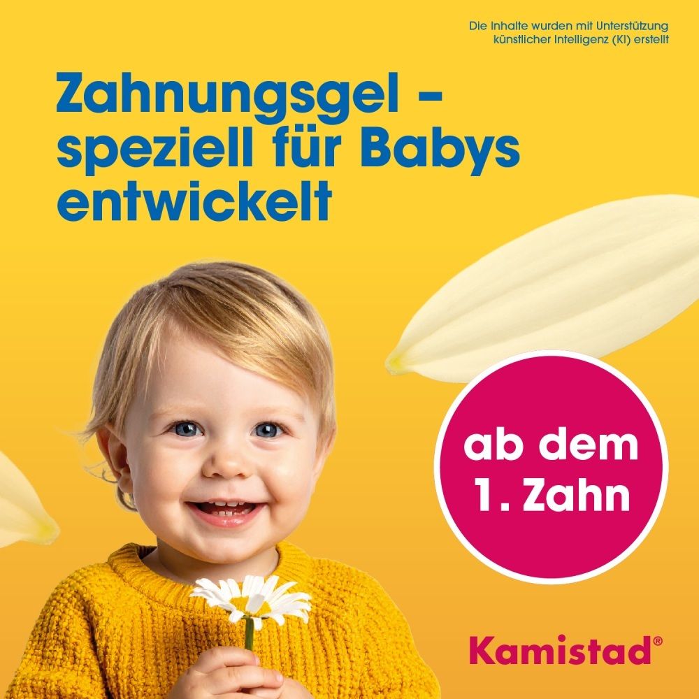 Baby mit Kamistad Logo, Text 'Zahnungsgel – speziell für Babys entwickelt'.