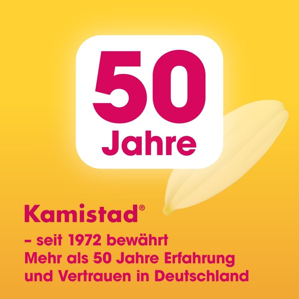 Kamistad Logo, Text '50 Jahre', Kamillenblüte.