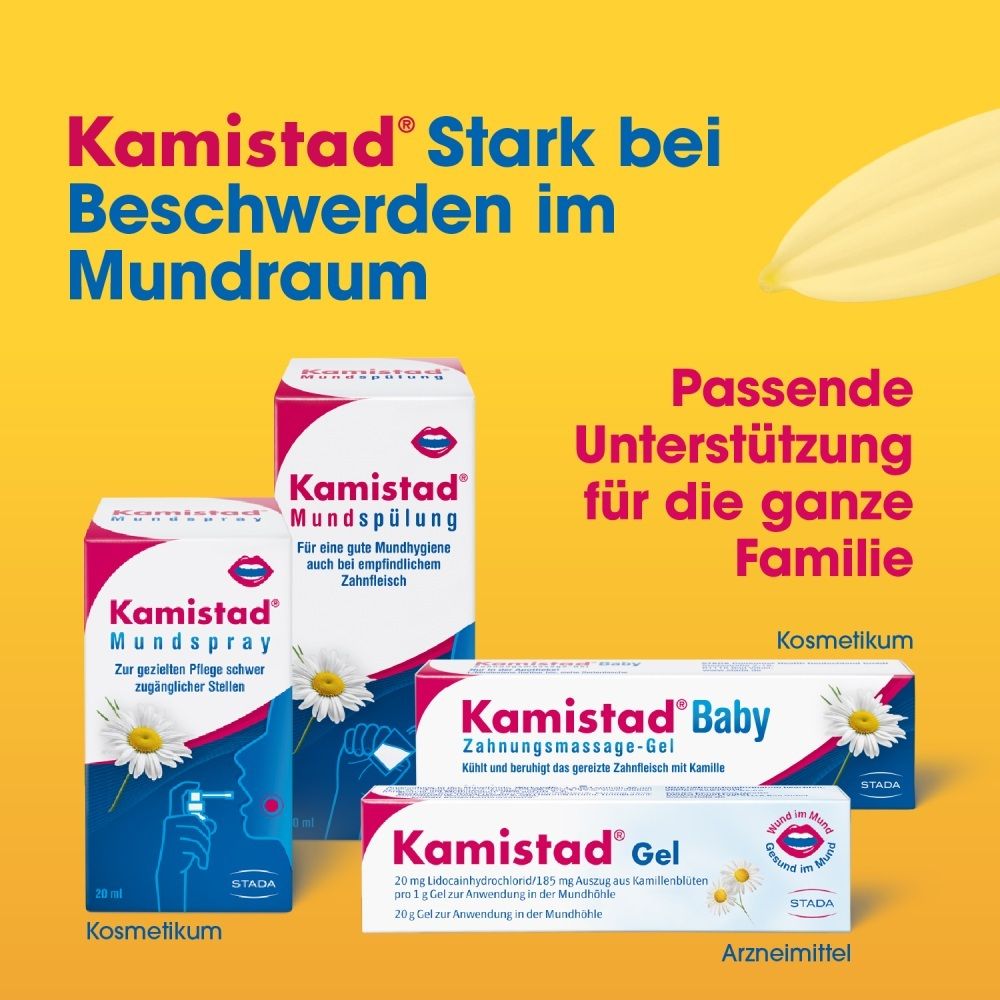 Kamistad Produkte: Mundspray, Zahnmassage-Gel, Gel. STADA Logo.