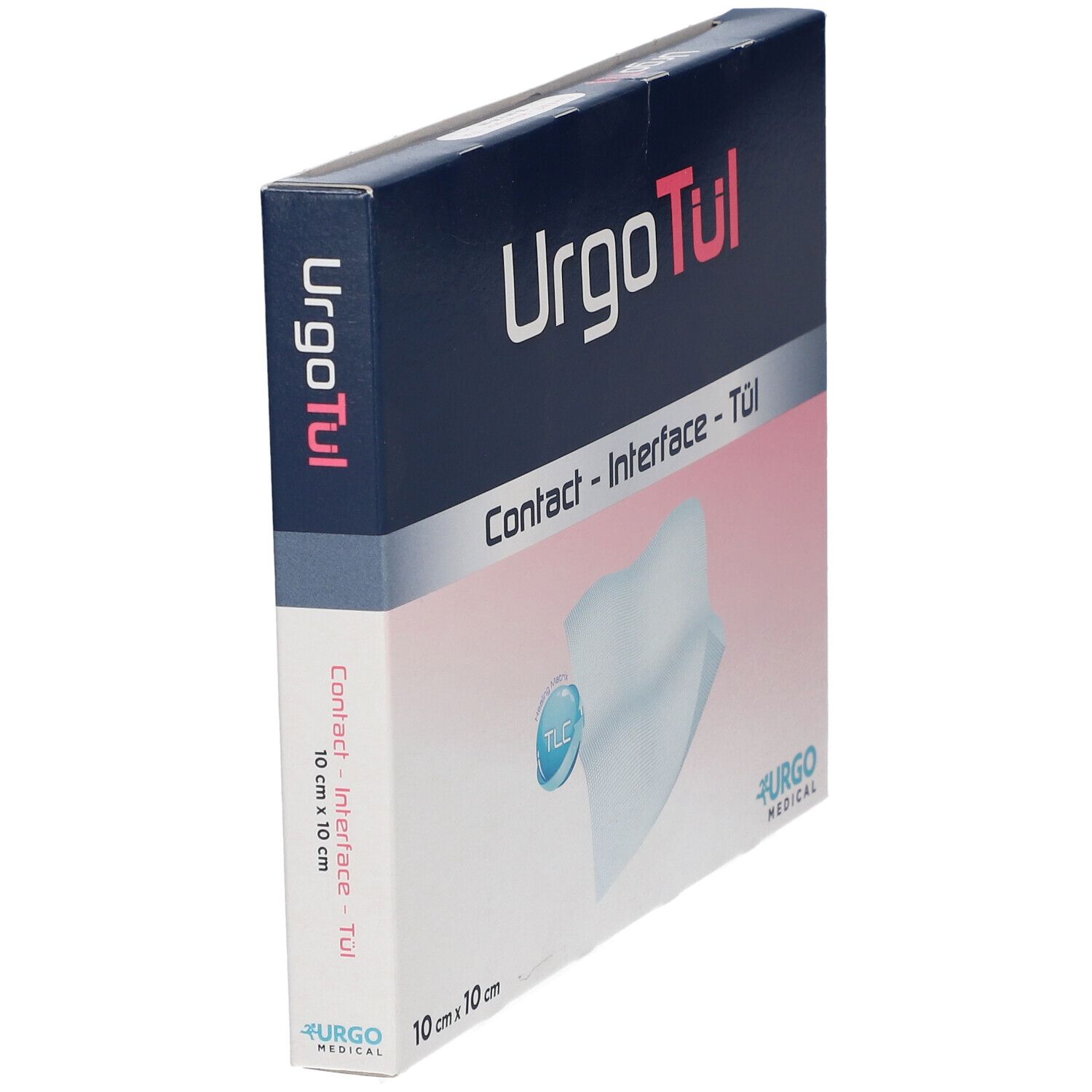 URGO Tül Kontakt-Interface Gaze, 10x10 cm. Seitenansicht der Verpackung mit Produktinformationen.