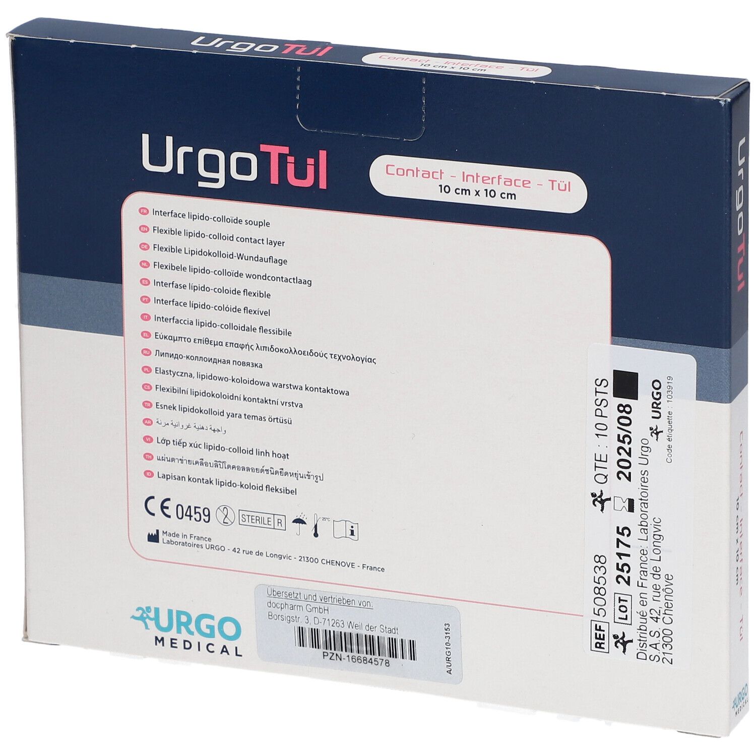 Rückseite der URGO Tül Kontakt-Interface Gaze Verpackung. Enthält CE-Kennzeichnung, Chargennummer und Verfallsdatum.