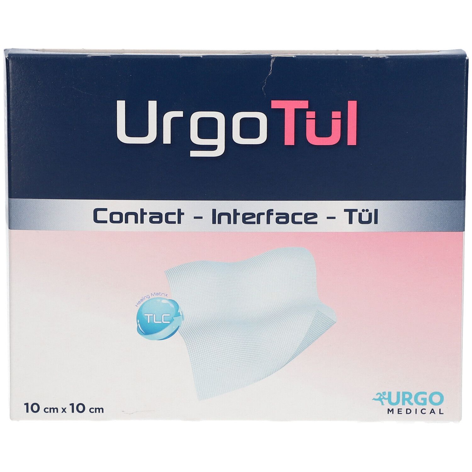 URGO Tül Kontakt-Interface Gaze, 10x10 cm. Verpackung mit Produktabbildung und Markenschriftzug.