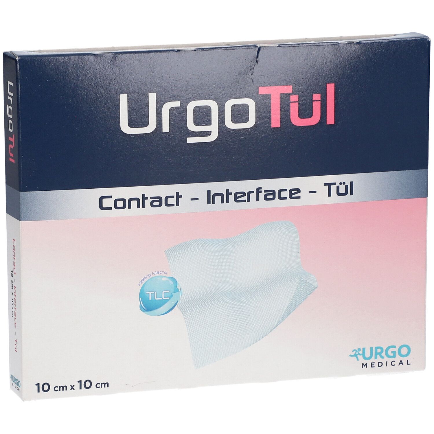URGO Tül Kontakt-Interface Gaze, 10x10 cm. Verpackung mit Produktabbildung und Markenschriftzug.