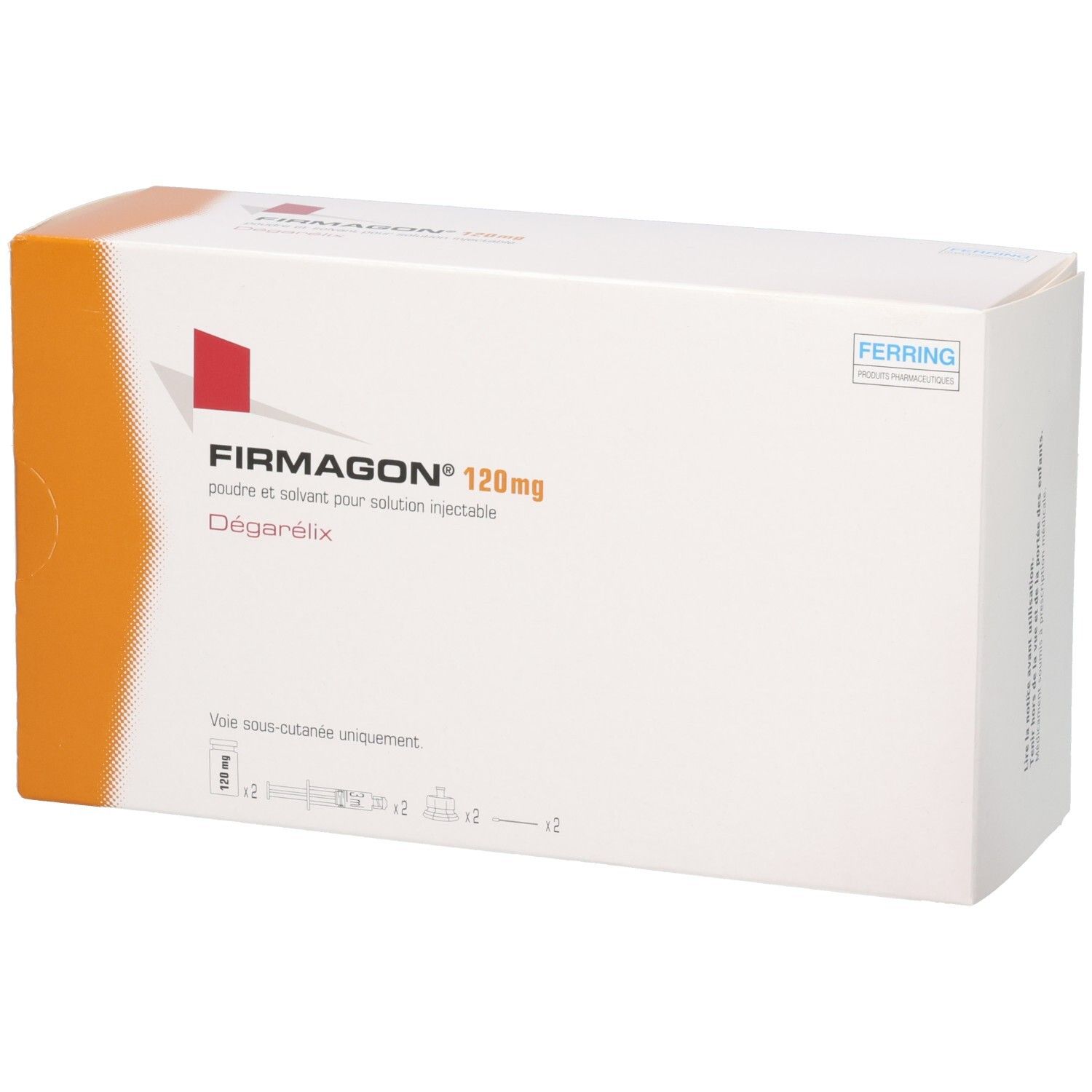 Firmagon 120mg Verpackung mit orangefarbenem und weißem Design.