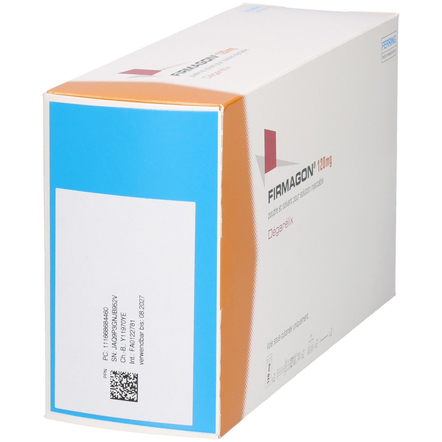 Firmagon 100 mg Injektionssuspension in einer weißen Faltschachtel mit blauen und orangen Akzenten.