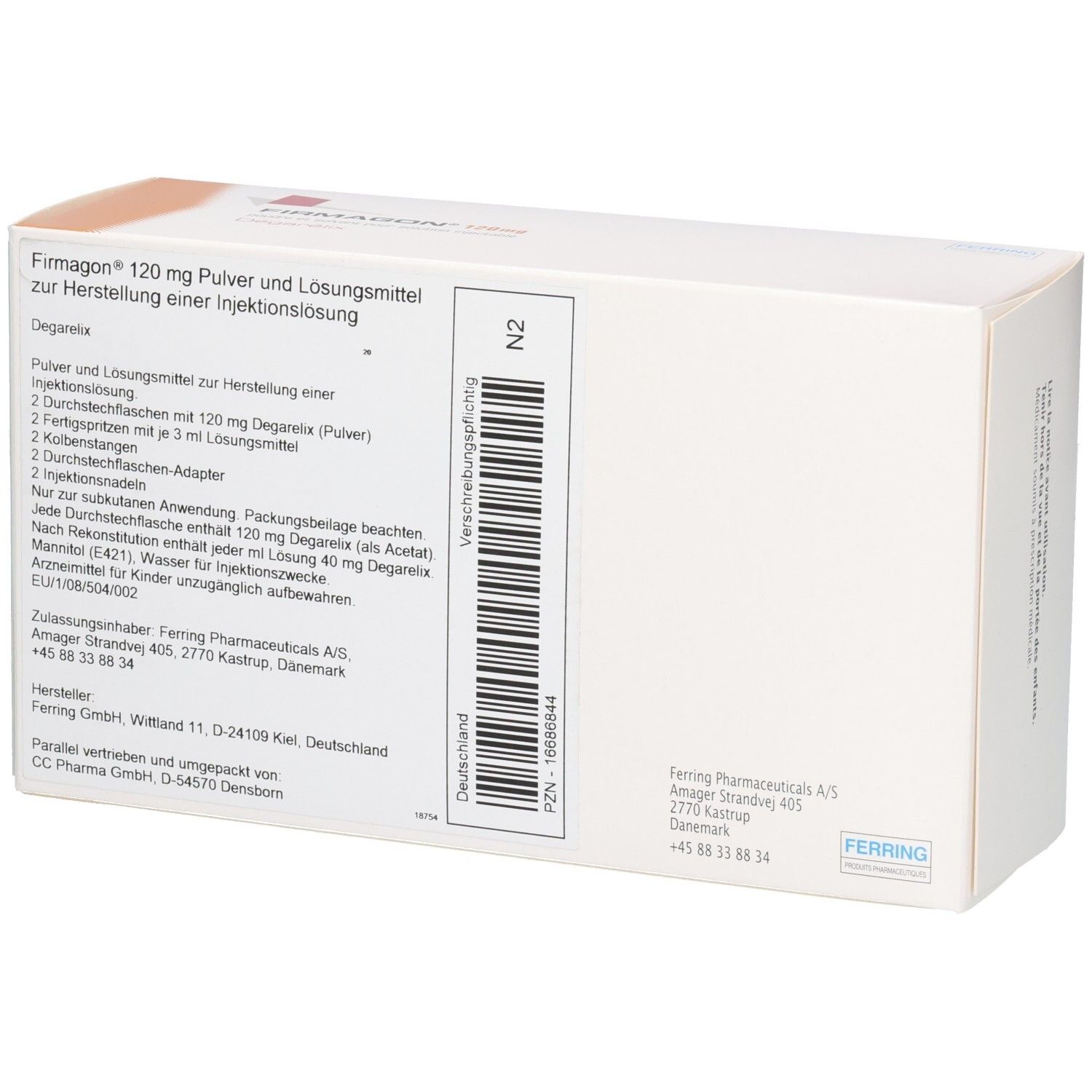 Faltschachtel 'Firmagon 120 mg Pulver und Lösungsmittel' für Injektionslösung.
