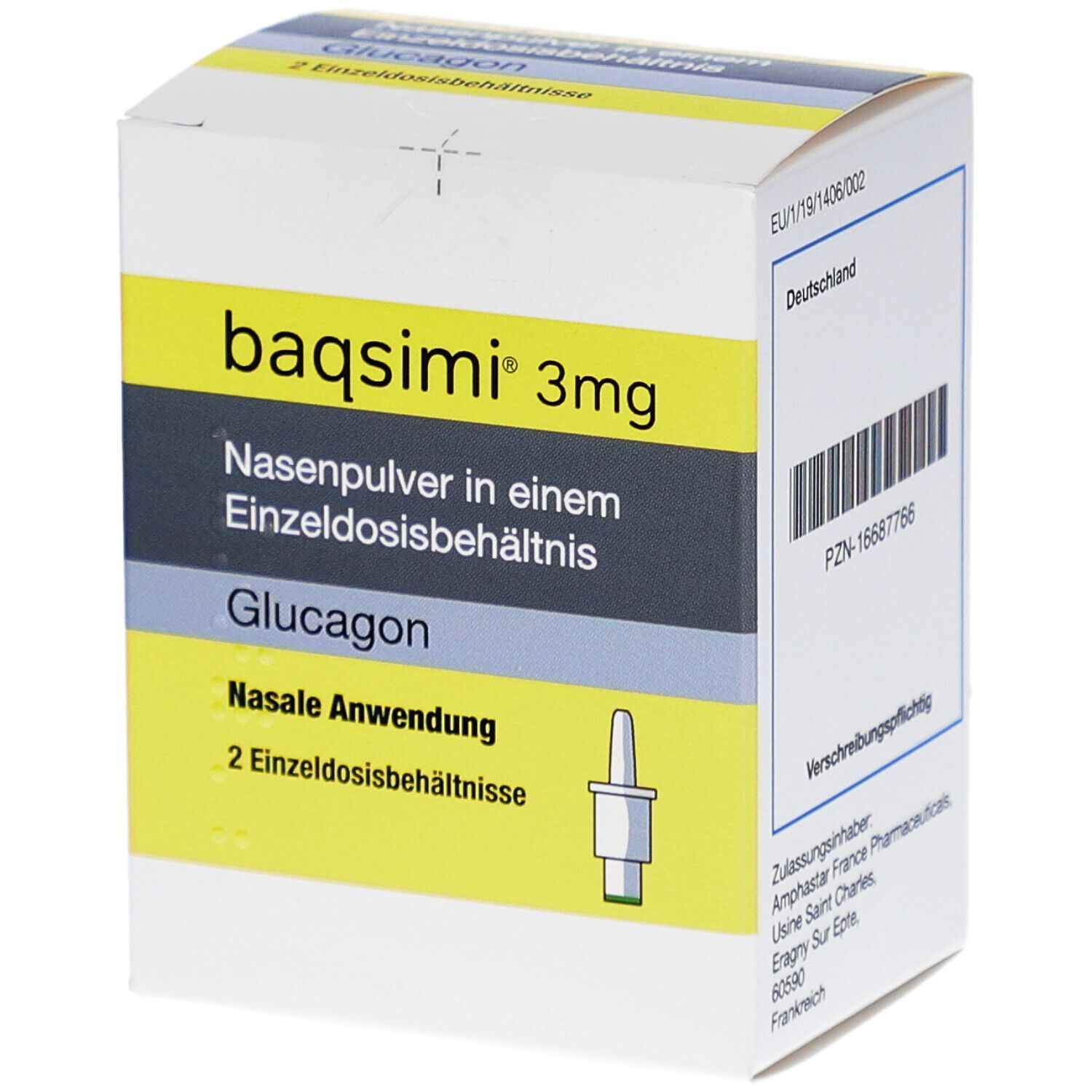 Karton mit Produktbeschriftung: baqsimi 3mg Nasenpulver. Enthält 2 Einzeldosisbehältnisse. Gelb-weiße Verpackung.