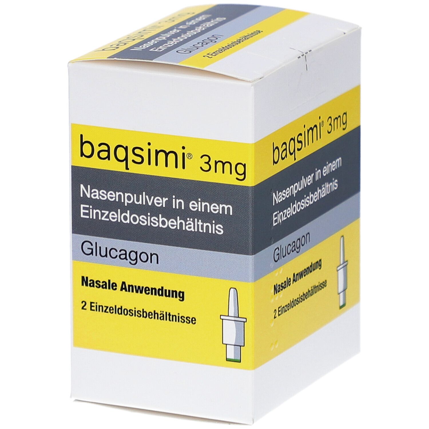 Karton mit Produktbeschriftung: baqsimi 3mg Nasenpulver. Enthält 2 Einzeldosisbehältnisse. Gelb-graue Verpackung.