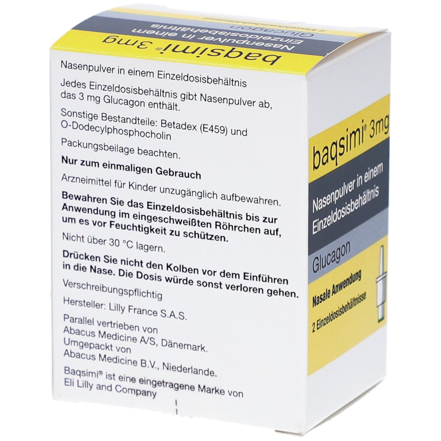 Produktverpackung mit Produktinformationen: baqsimi 3mg Nasenpulver. Enthält 2 Einzeldosisbehältnisse. Gelb-graue Verpackung.