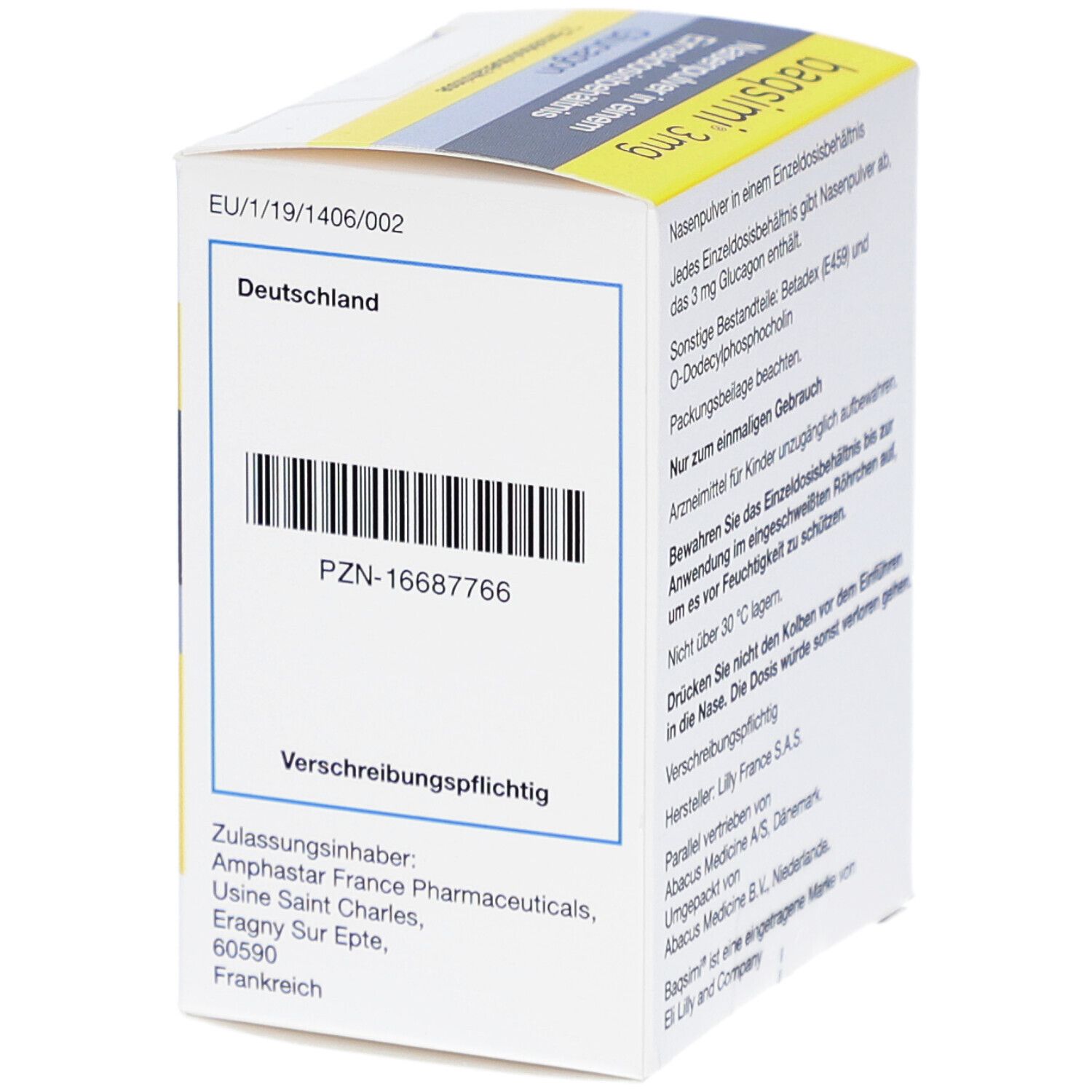 Rückseite der Produktverpackung mit Informationen: baqsimi 3mg Nasenpulver. Enthält 2 Einzeldosisbehältnisse. Gelb-graue Verpackung.