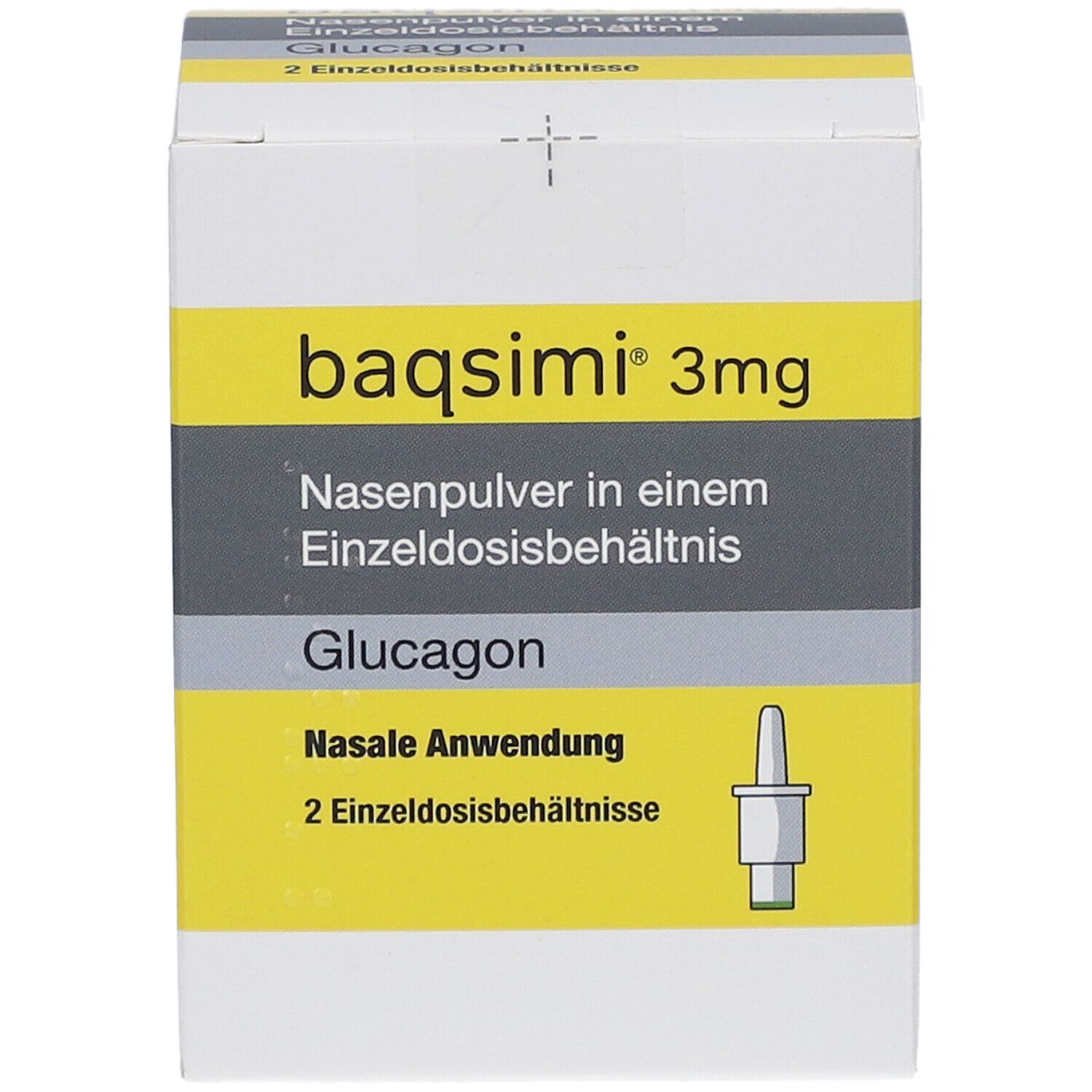 Karton mit Produktbeschriftung: baqsimi 3mg Nasenpulver. Enthält 2 Einzeldosisbehältnisse. Gelb-graue Verpackung.