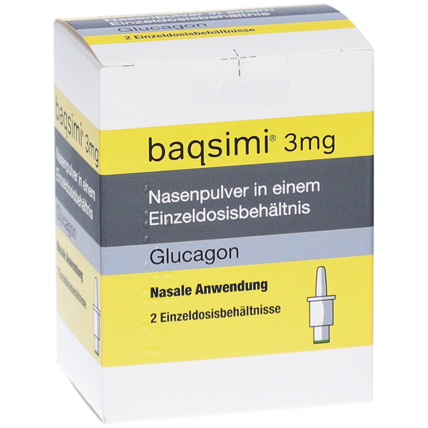 Karton mit Produktbeschriftung: baqsimi 3mg Nasenpulver. Enthält 2 Einzeldosisbehältnisse. Gelb-graue Verpackung.