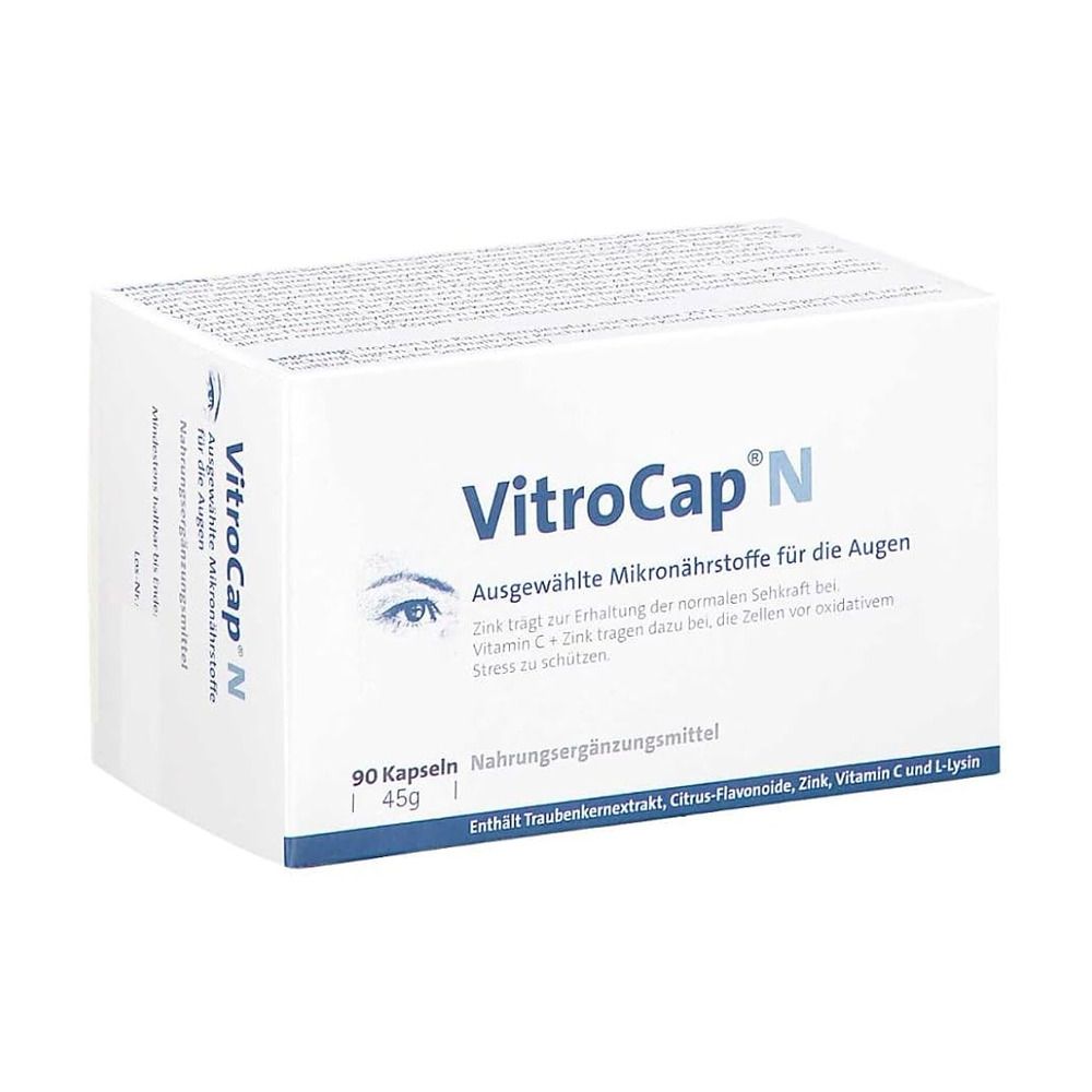 VitroCap® N-Packung. Enthält 90 Kapseln. Aufschrift: Ausgewählte Mikronährstoffe für die Augen.