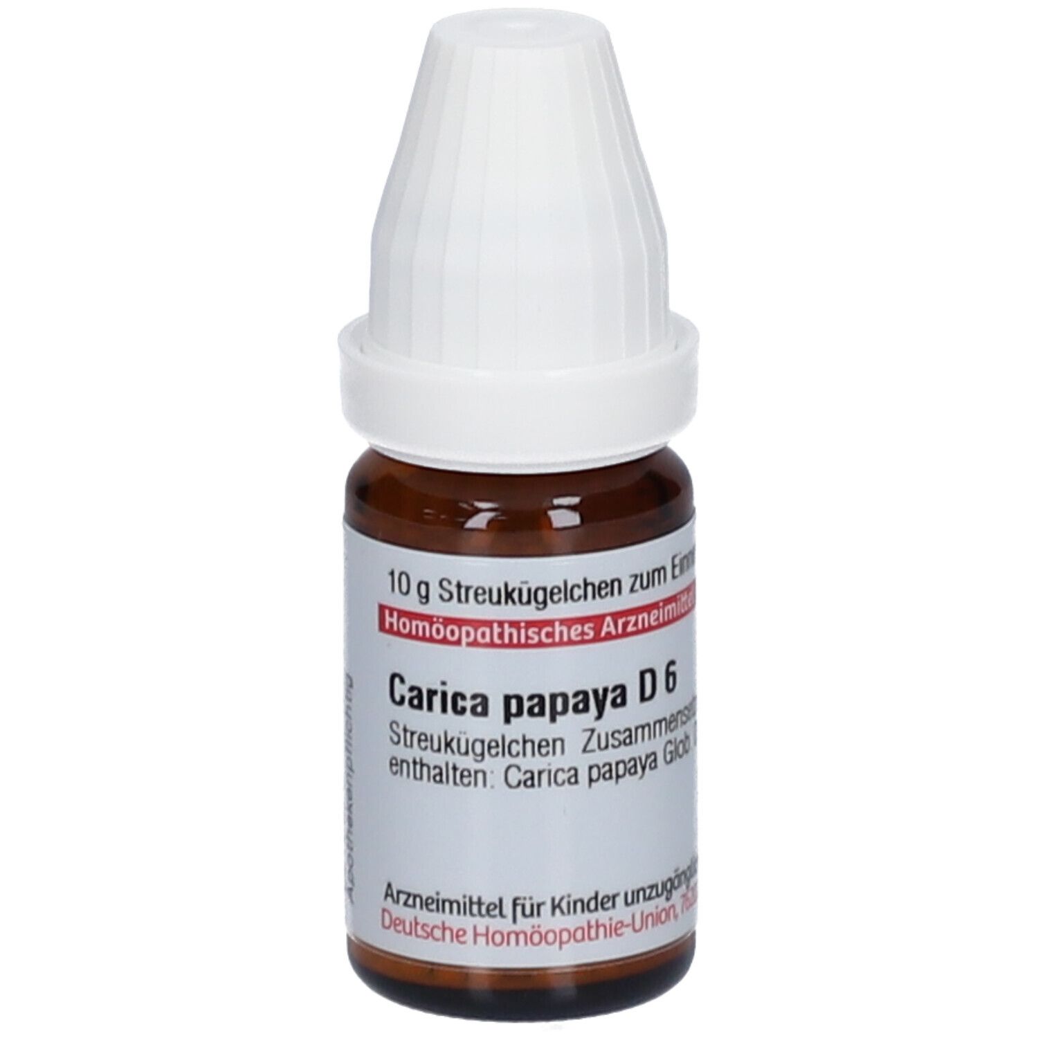 Braune Glasflasche mit weißem Deckel. Etikett mit Text: Carica papaya D6, 10 g Streukügelchen.
