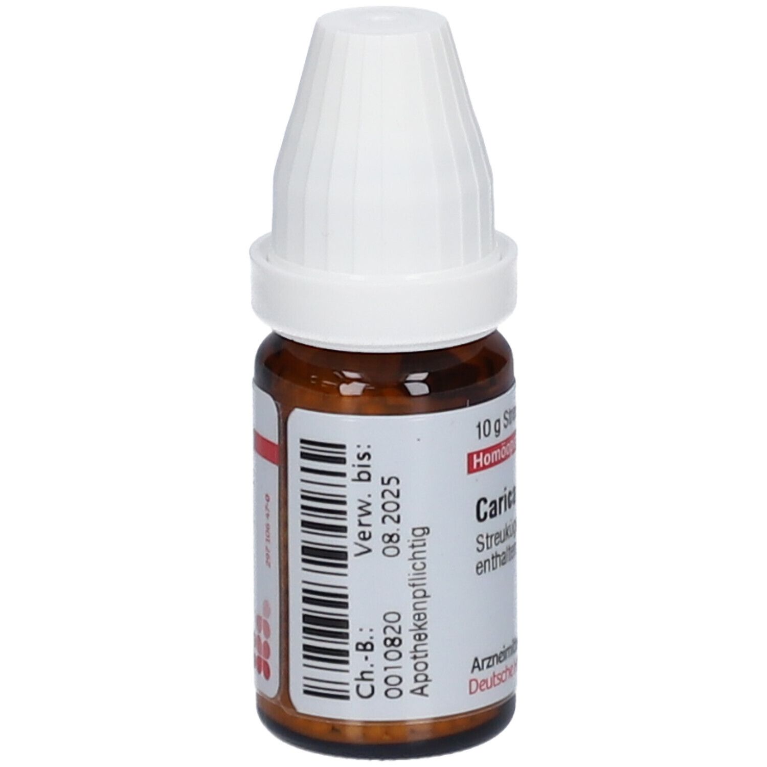 Braune Glasflasche mit weißem Deckel. Etikett mit Text: Carica papaya D6, 10 g Streukügelchen. Verfallsdatum: 08.2025.