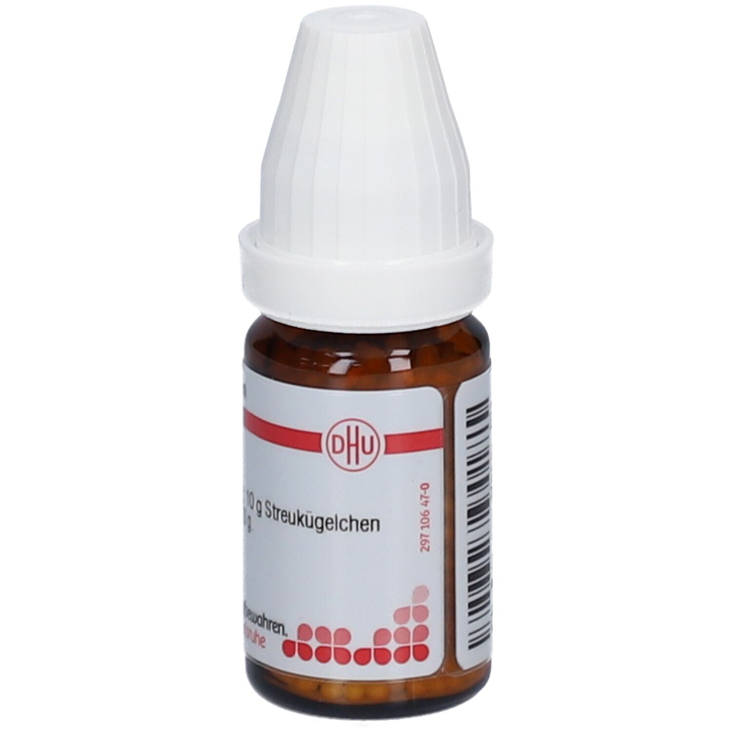 Braune Glasflasche mit weißem Deckel. Etikett mit Text: DHU, 10 g Streukügelchen. Carica papaya D6.