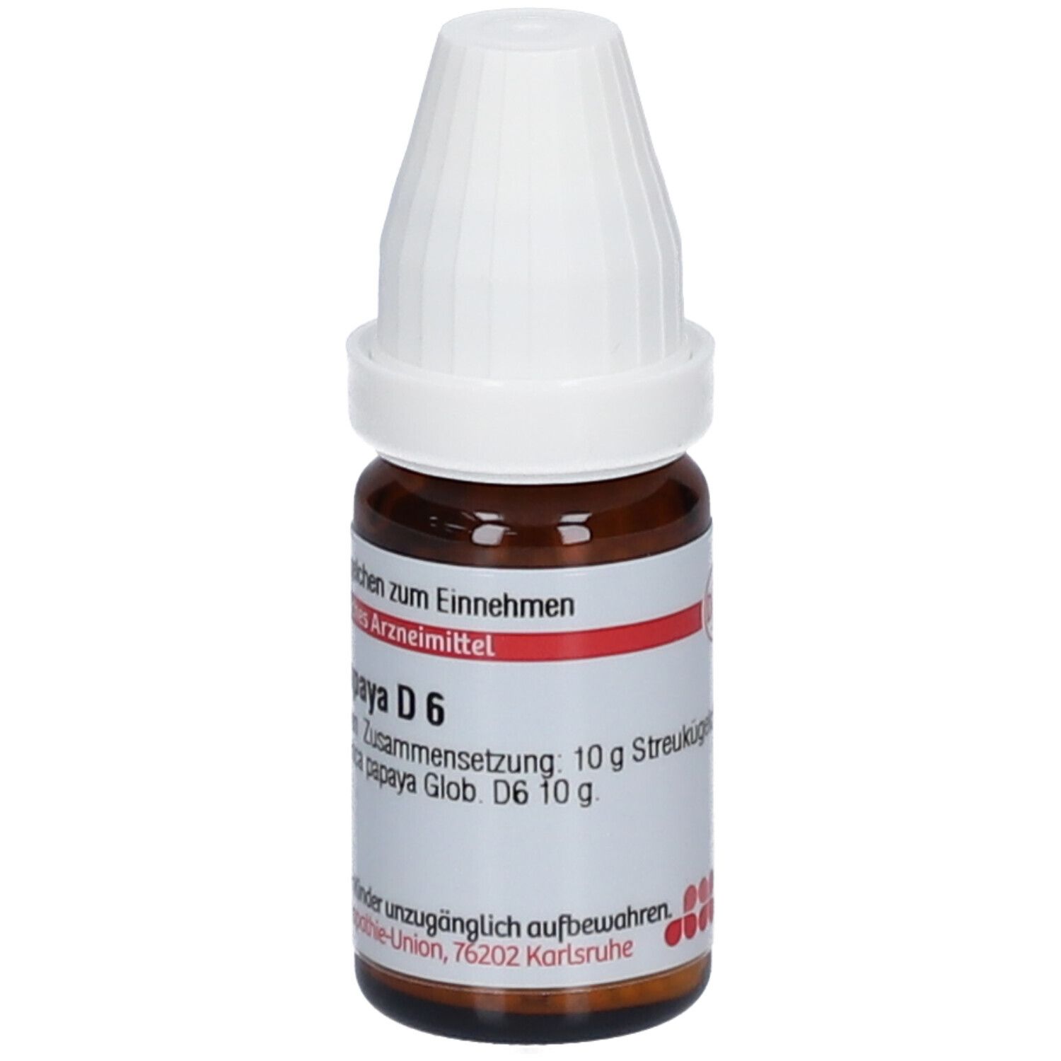 Braune Glasflasche mit weißem Deckel. Etikett mit Text: Carica papaya D6, 10 g Streukügelchen. Arzneimittel.