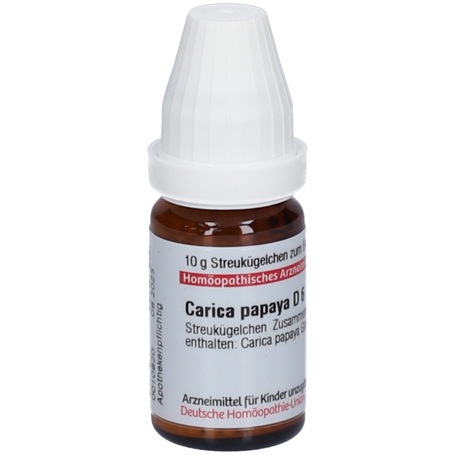 Braune Glasflasche mit weißem Deckel. Etikett mit Text: Carica papaya D6, 10 g Streukügelchen. Apothekenpflichtig.