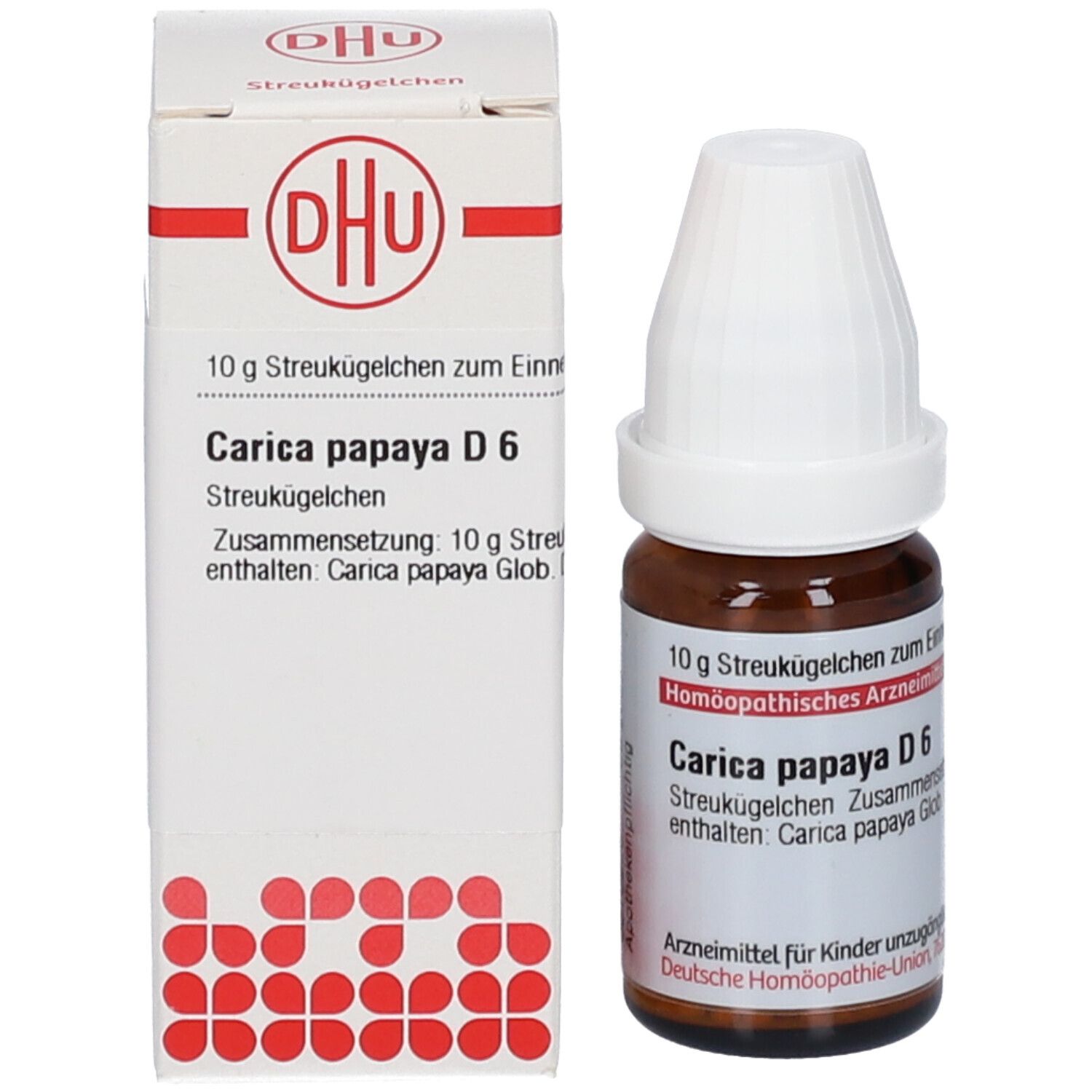 Braune Glasflasche und Schachtel. Schachtel mit DHU Logo und Text: Carica papaya D6, 10 g Streukügelchen.