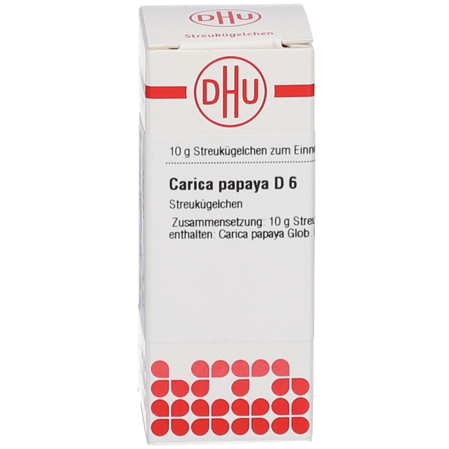 Weiße Schachtel mit DHU Logo und Text: Carica papaya D6, 10 g Streukügelchen. Braune Glasflasche.
