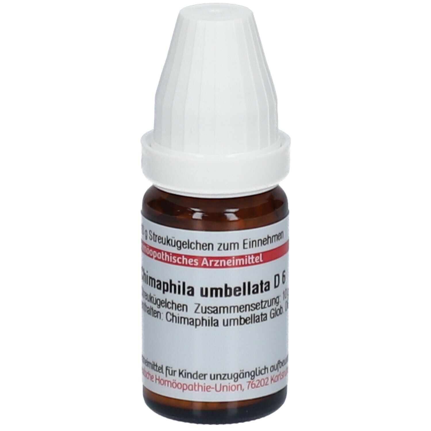 Braune Glasflasche mit weißem Deckel und Etikett. Auf dem Etikett steht Chimaphila umbellata D6.