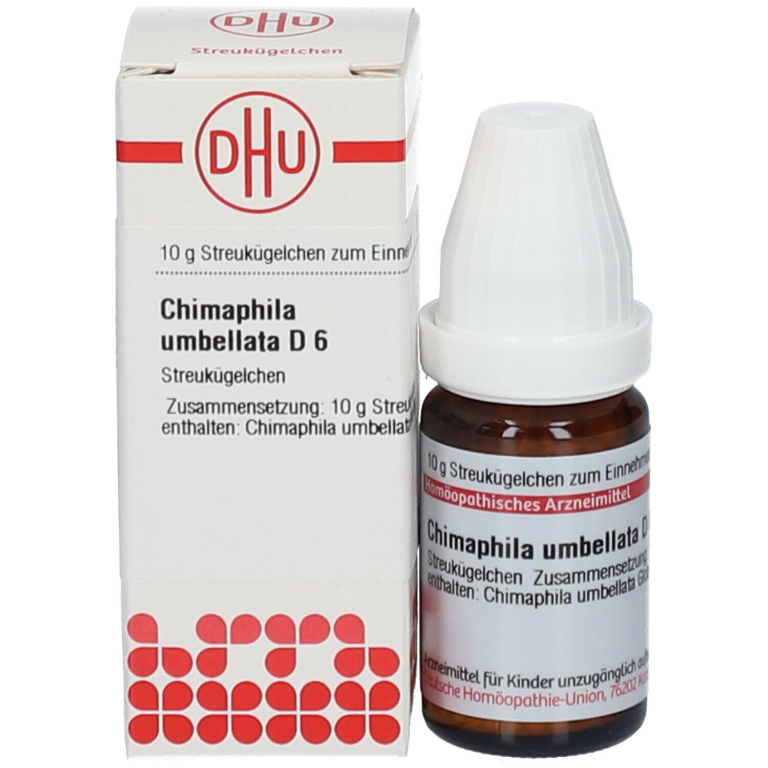 Braune Glasflasche mit weißem Deckel und Etikett, neben einer weißen Schachtel. Auf der Flasche steht Chimaphila umbellata D6.